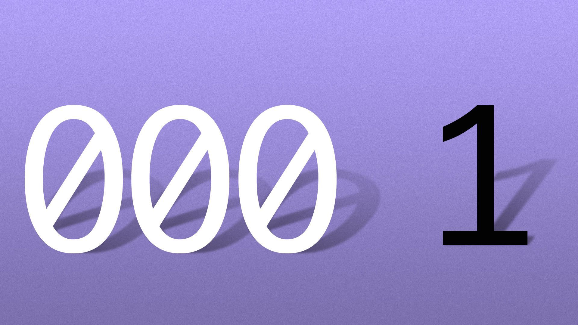 lllustration of binary code, with the zeros in white separated from a one in black