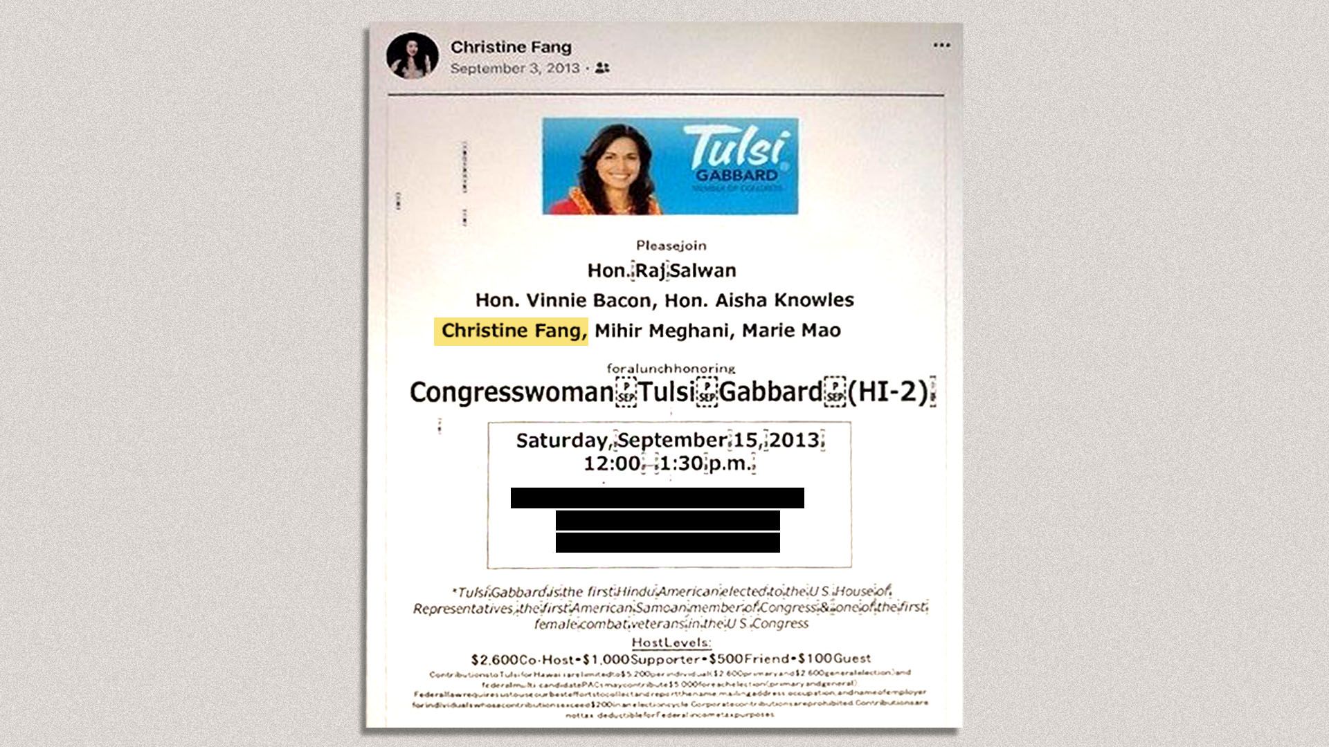 Flyer from a fundraiser for Tulsi Gabbard