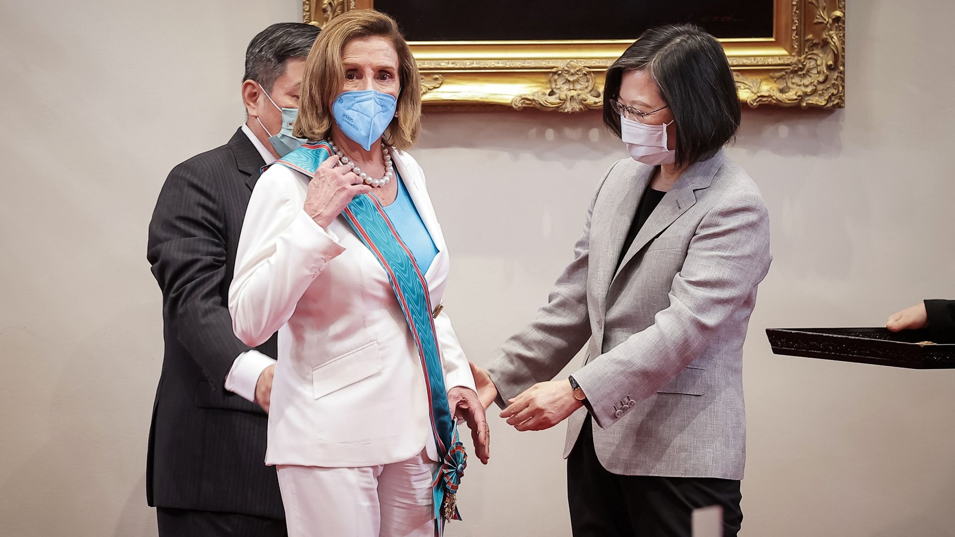 House Speaker Nancy Pelosi (L) receives Taiwan’s highest civilian honour from Taiwan's President Tsai Ing-wen on August 03, 2022 in Taipei, Taiwan.