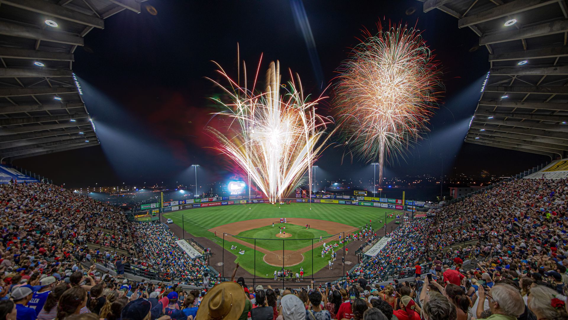 Fireworks over a baseball diamond 