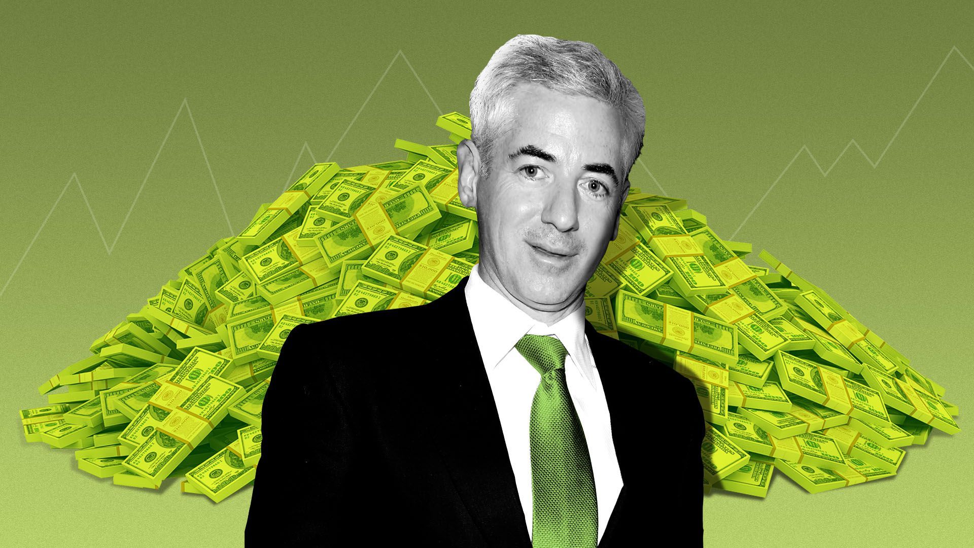 Photo illustration of Bill Ackman in front of giant pile of money and a trend line