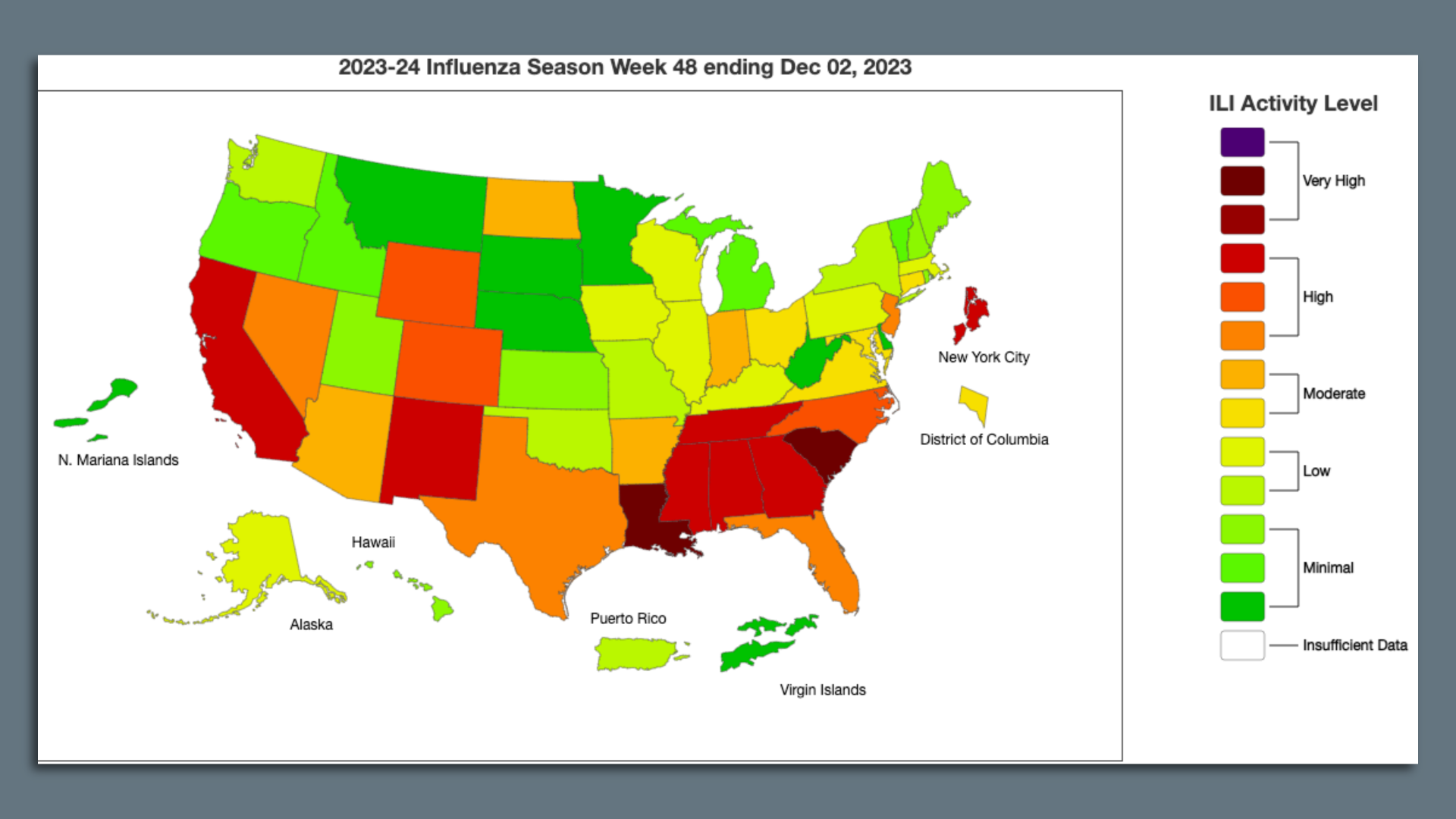 Image shows a color-coded map of the United States indicating flu activity. Louisiana and South Carolina have the most activity.