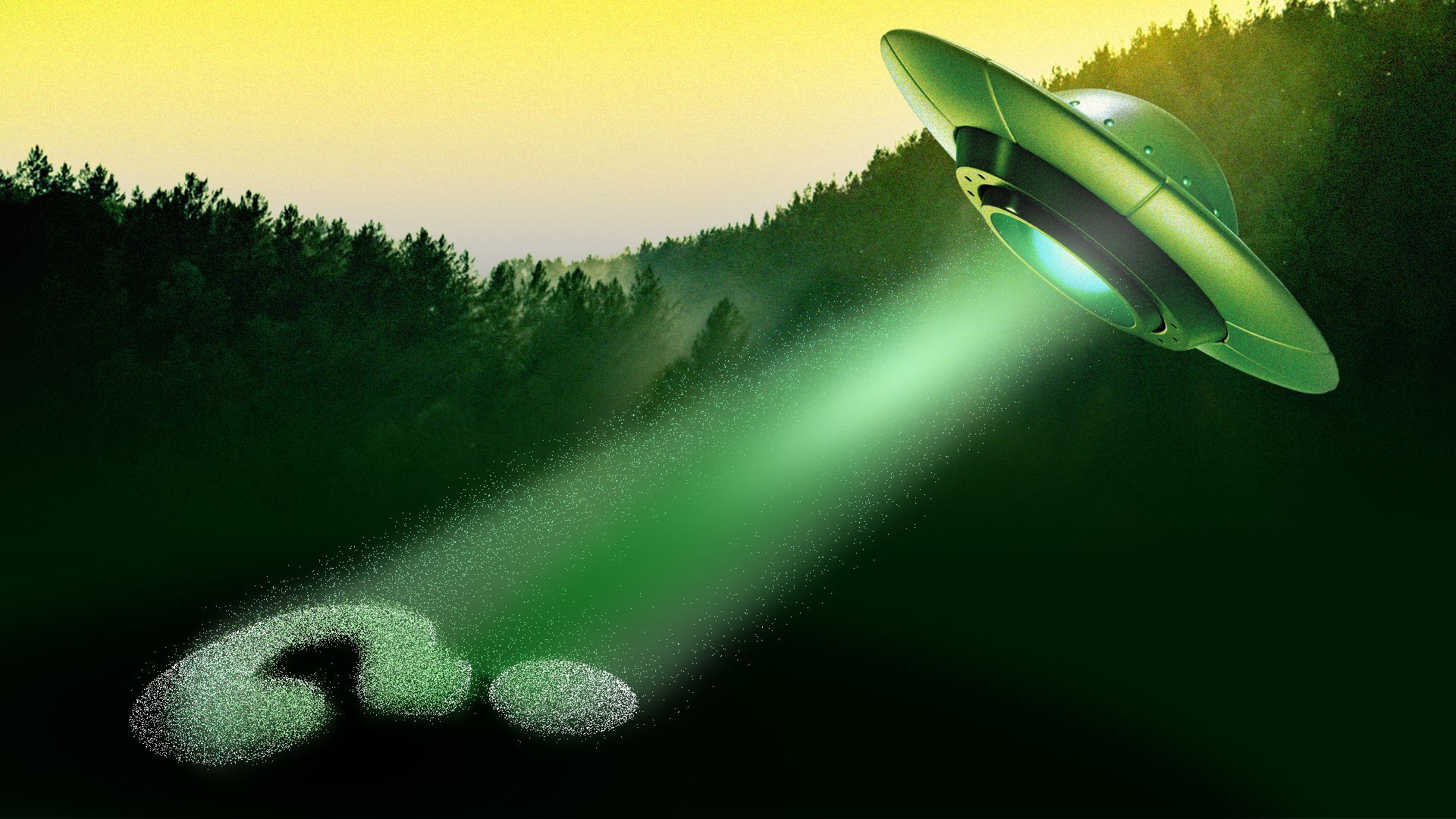 Illustration of a UFO flying over a forest, shining a beam of light that turns into a question mark.