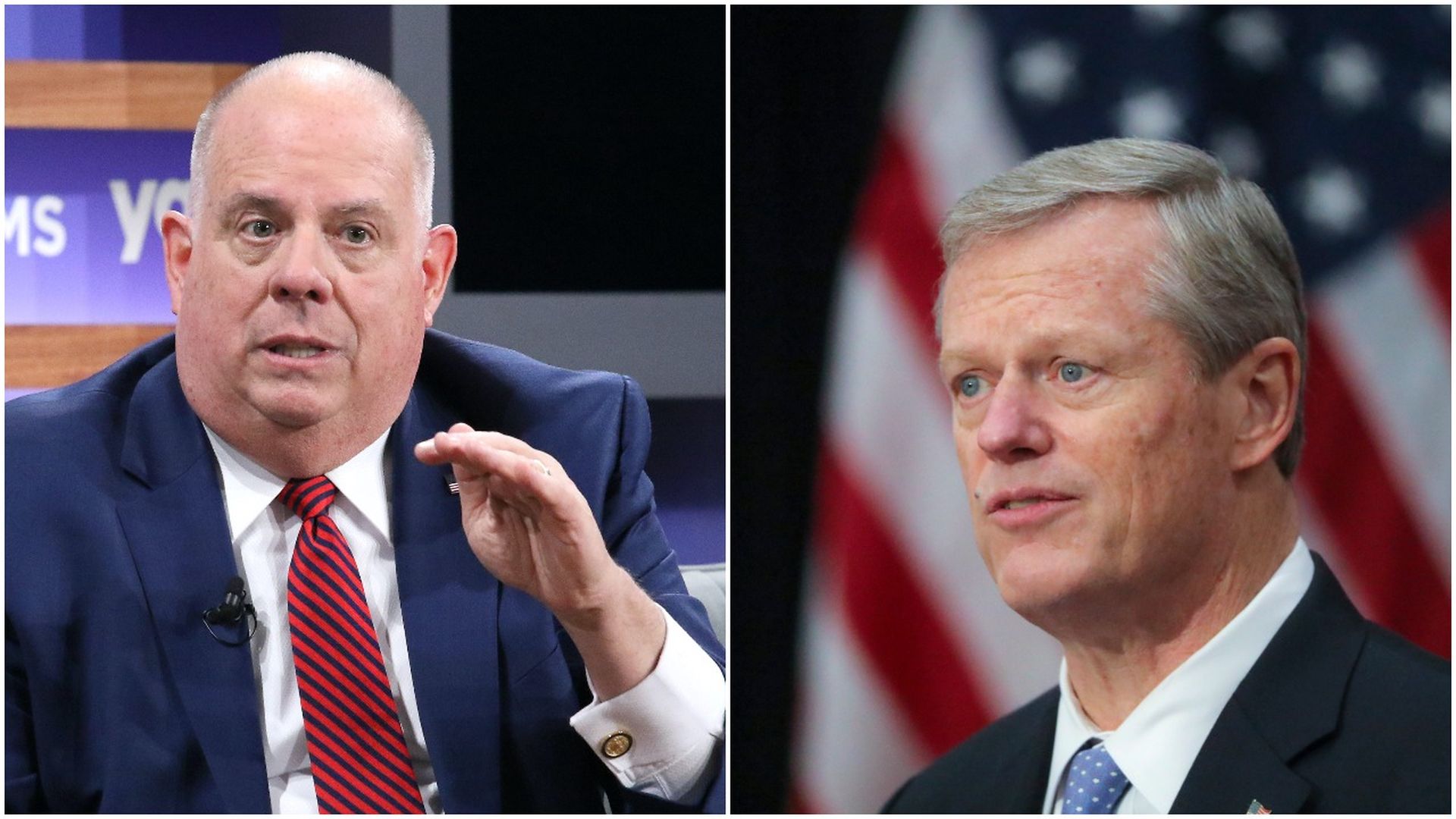 Combination images of Maryland Gov. Larry Hogan and Massachusetts Gov. Charlie Baker
