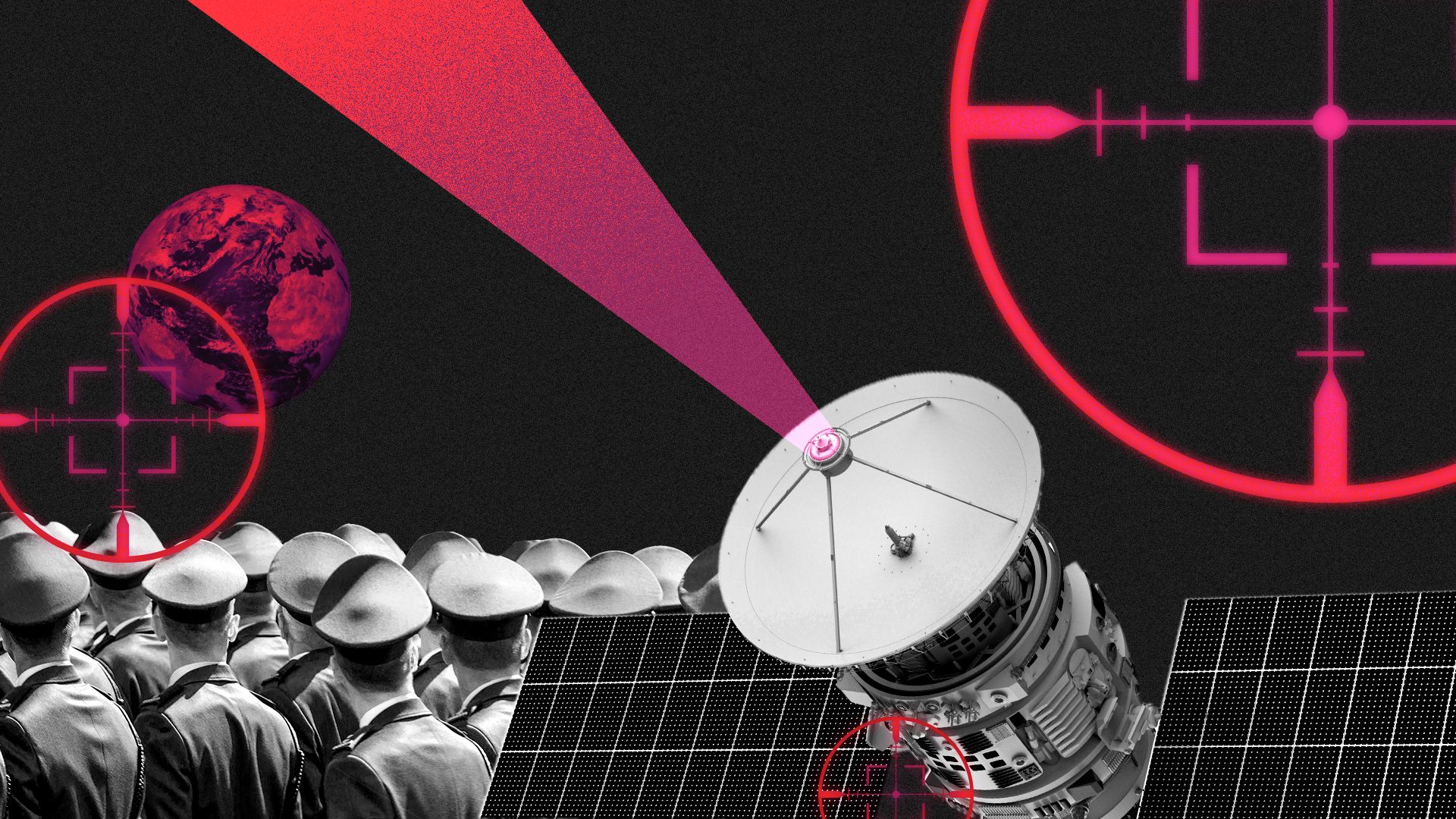 Illustration of a collage of various elements including a satellite, marching soldiers, crosshair patterns and a rising red Earth. 