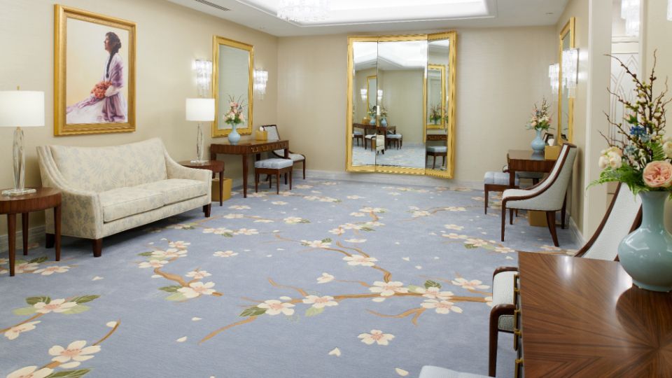 The brides room inside the temple, with cherry blossom carpet. 