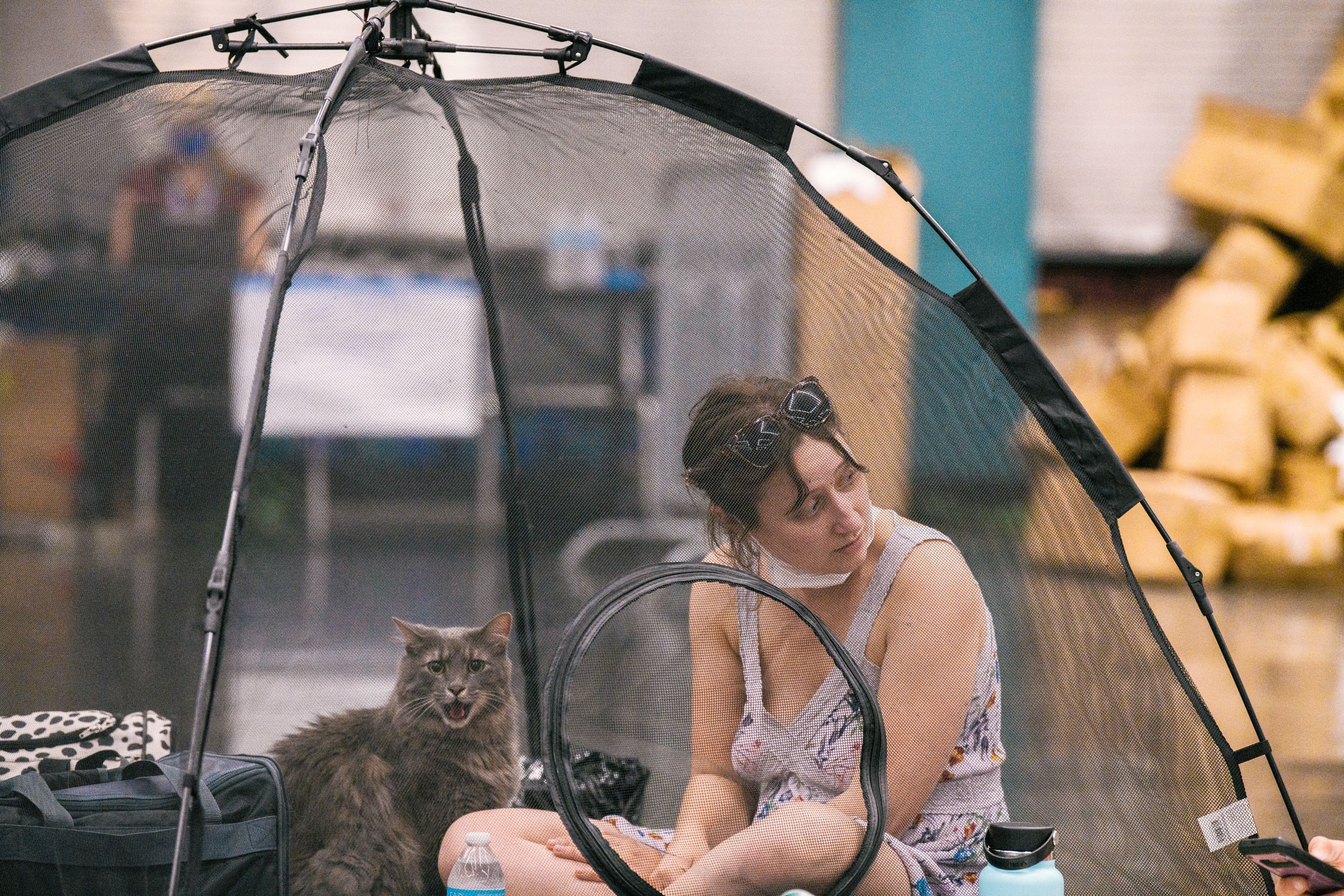  A woman and her cat rest inside a tent at the Oregon Convention Center cooling station in Oregon, Portland on June 28