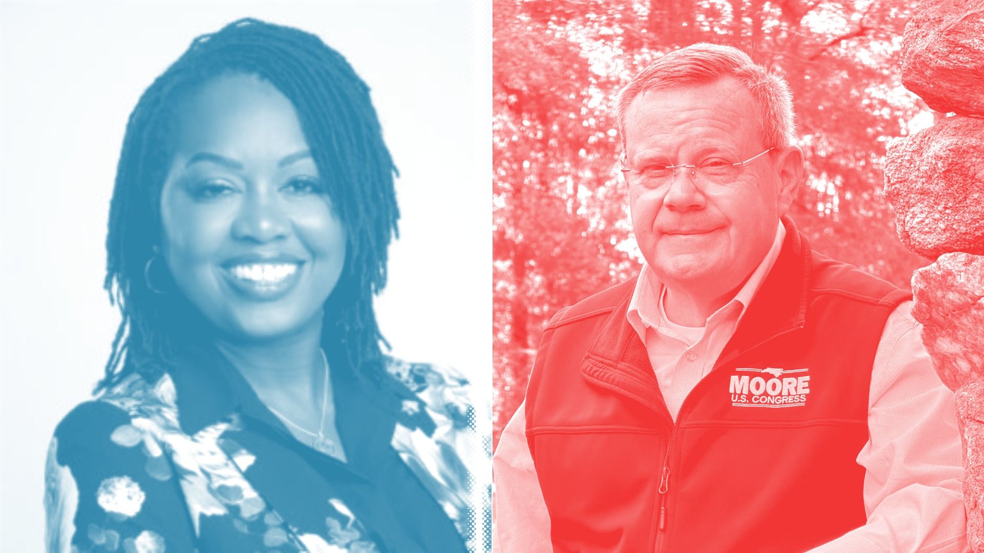Split image: left is a smiling Black woman in blue tint wearing a floral top; right is a smiling older man in red tint wearing a vest with Moore U.S. Congress outdoors by rocks.