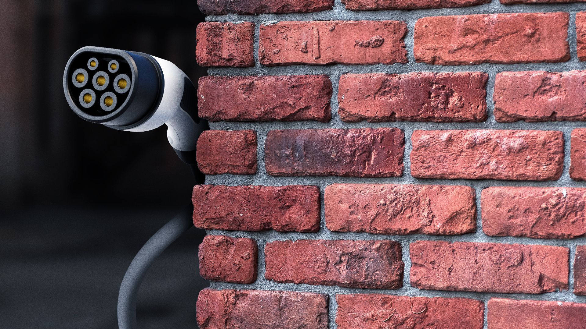 Illustration of an electric car charger peering around the corner of a brick building. 
