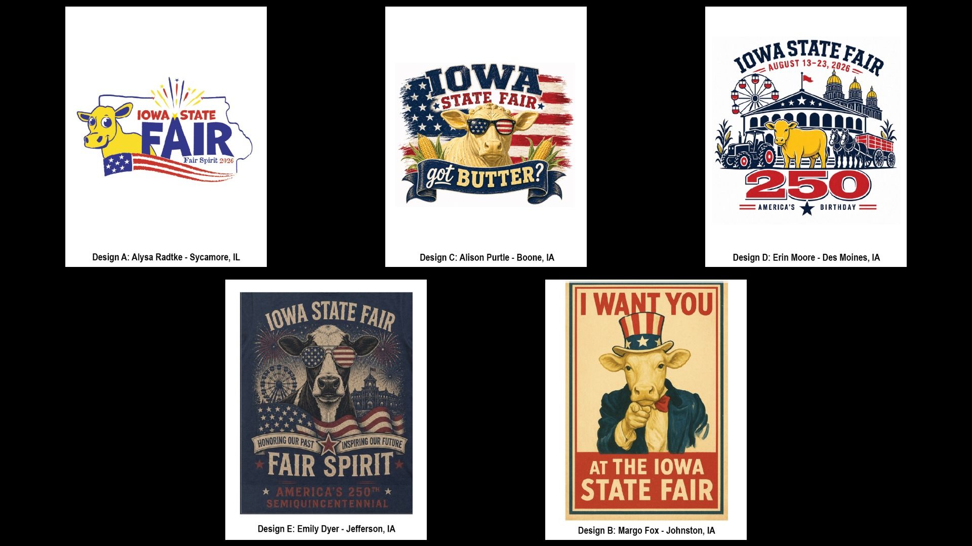 A photo of state fair shirt designs.