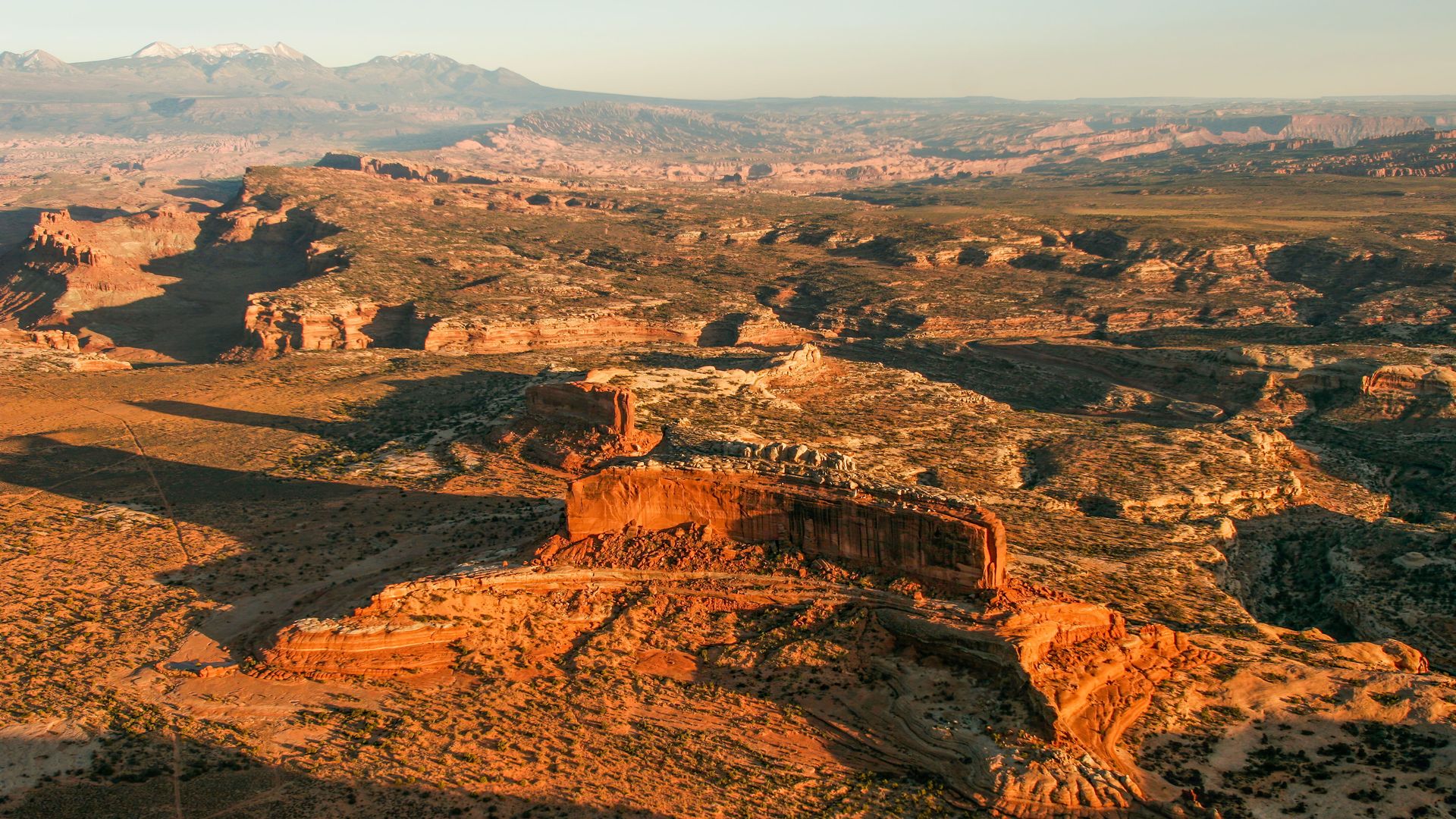 An aerial view of redrock rock formations