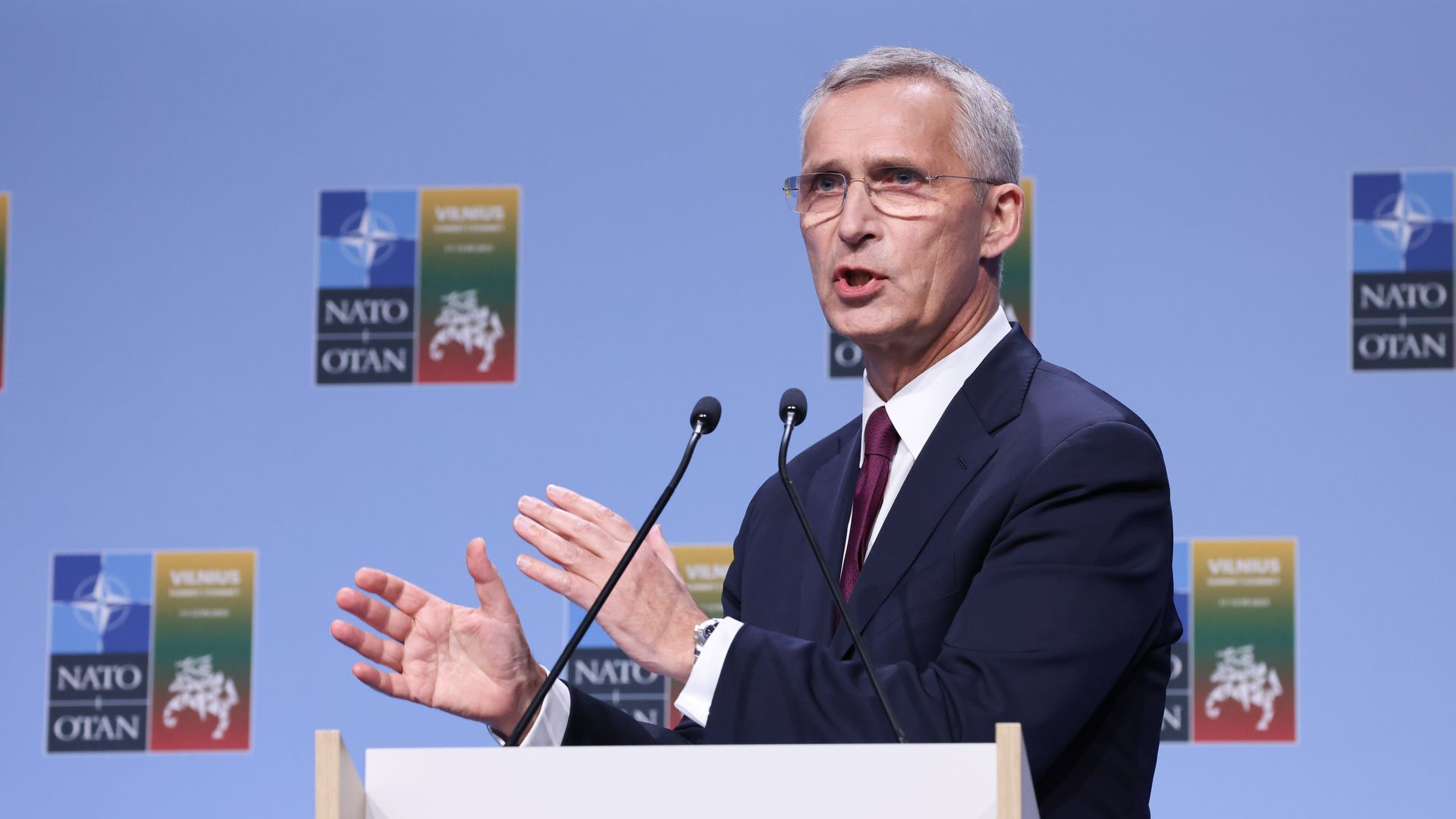 Jens Stoltenberg, secretary general of the North Atlantic Treaty Organization (NATO), during a news conference on the opening day of the annual NATO Summit