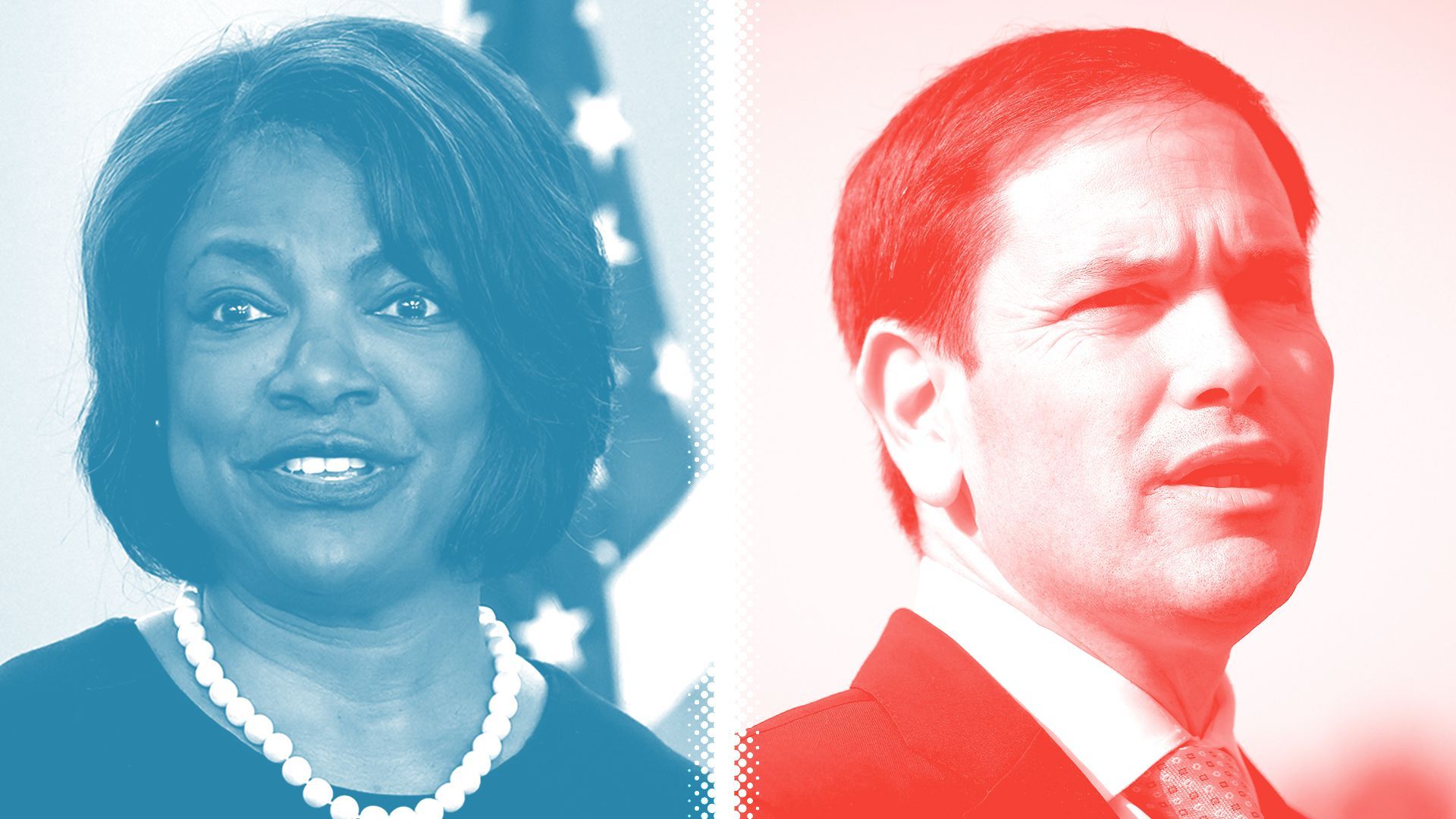 Photo illustration of Val Demings, tinted blue, and Marco Rubio, tinted red, separated by a white halftone divider.