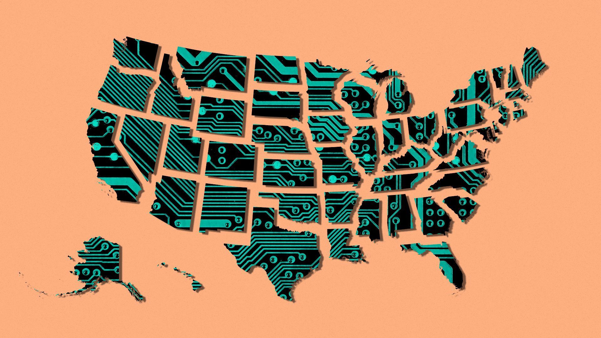 An illustration of a map of the U.S., where each state is splintered and looks like tech.