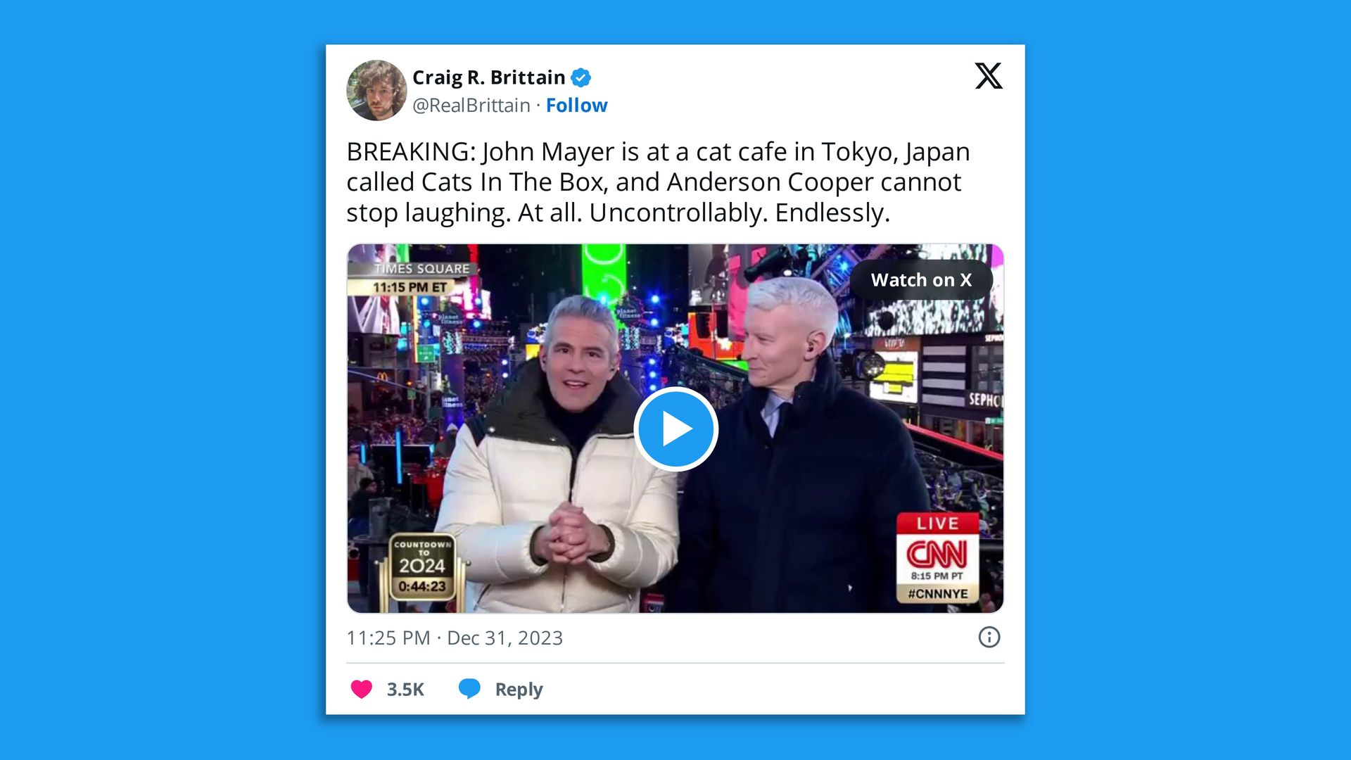 Screenshot of a tweet describing John Mayer at a cat cafe in Tokyo while Anderson Cooper laughs nonstop.