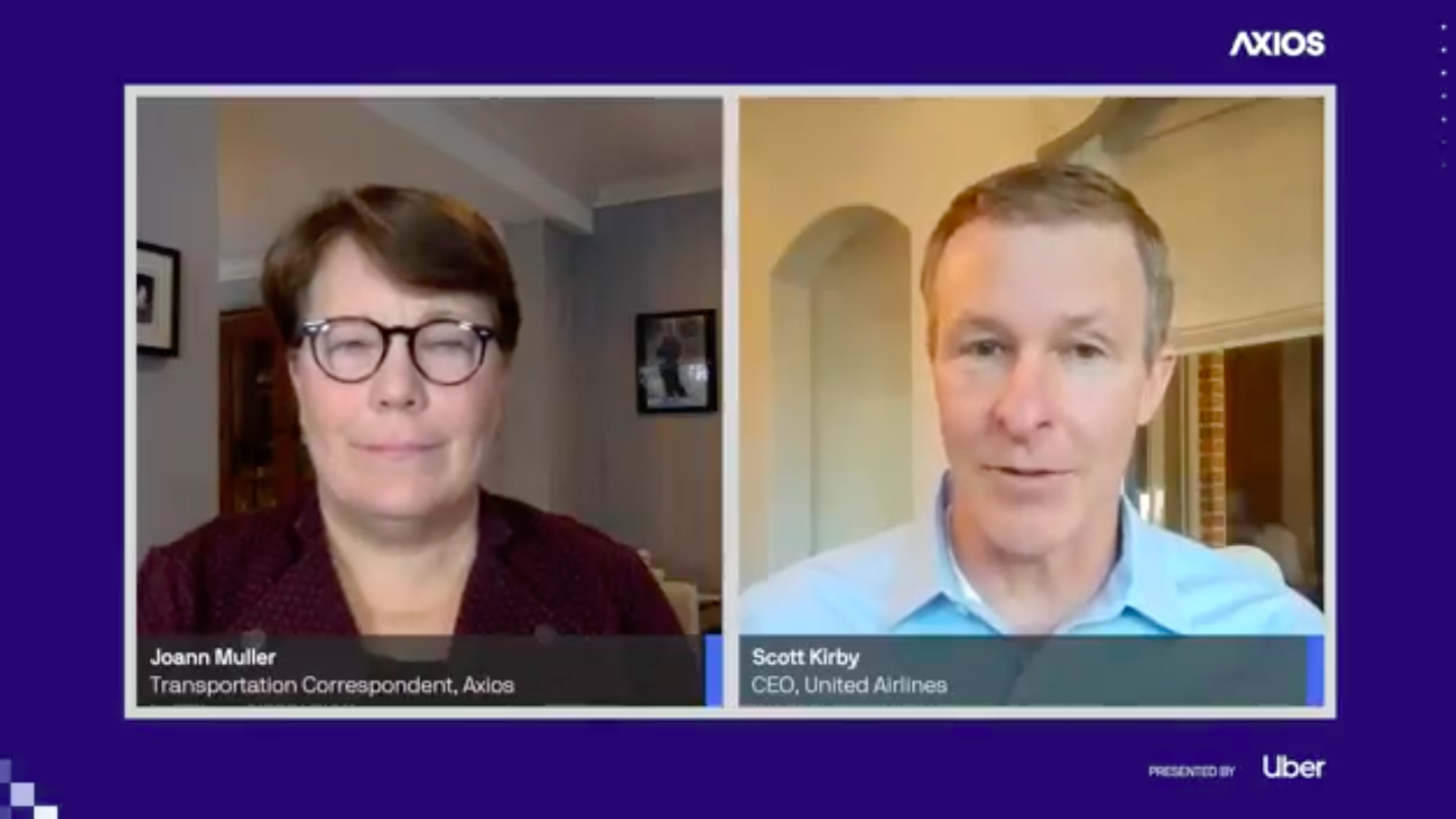 A screenshot of Axios' Joann Muller and Scott Kirby on a video call
