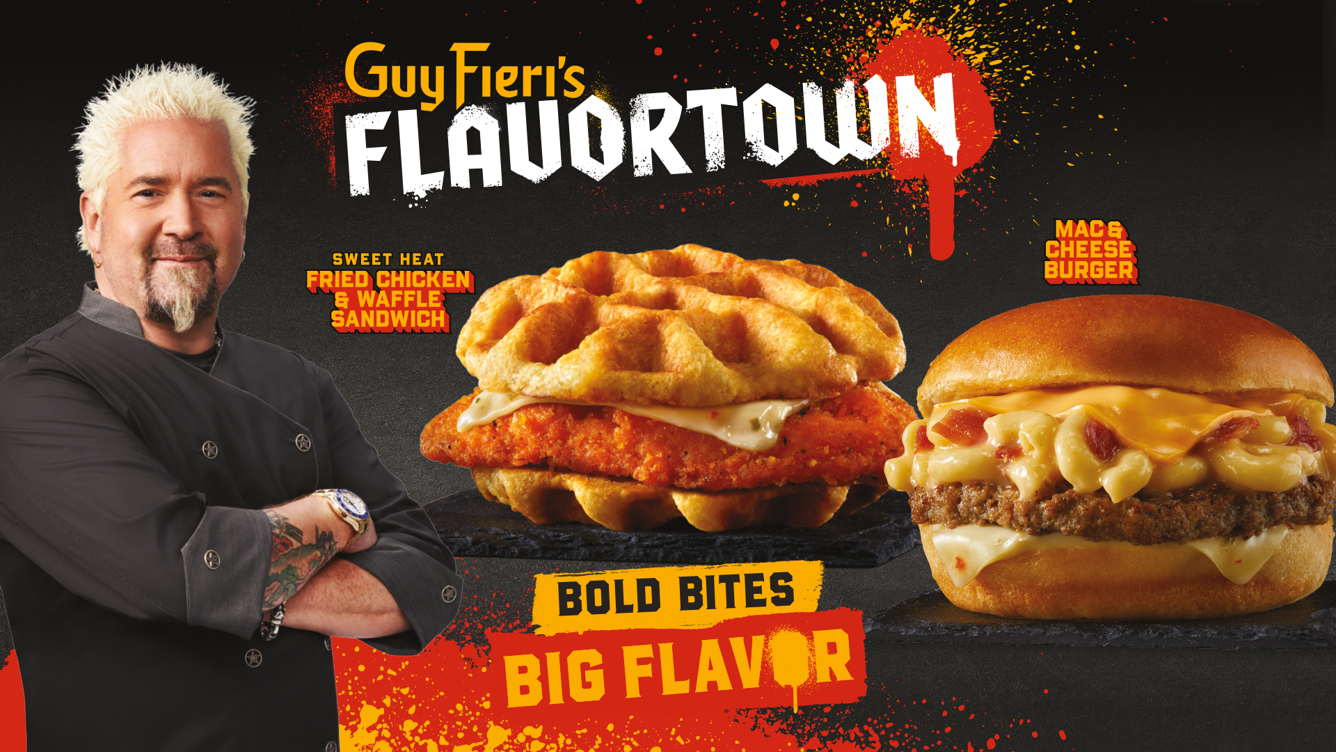 Promotional banner with a man in a black chef coat standing with his arms crossed on the left, bold white "FLAVORTOWN" text and paint splatters, and two large burgers in the foreground.