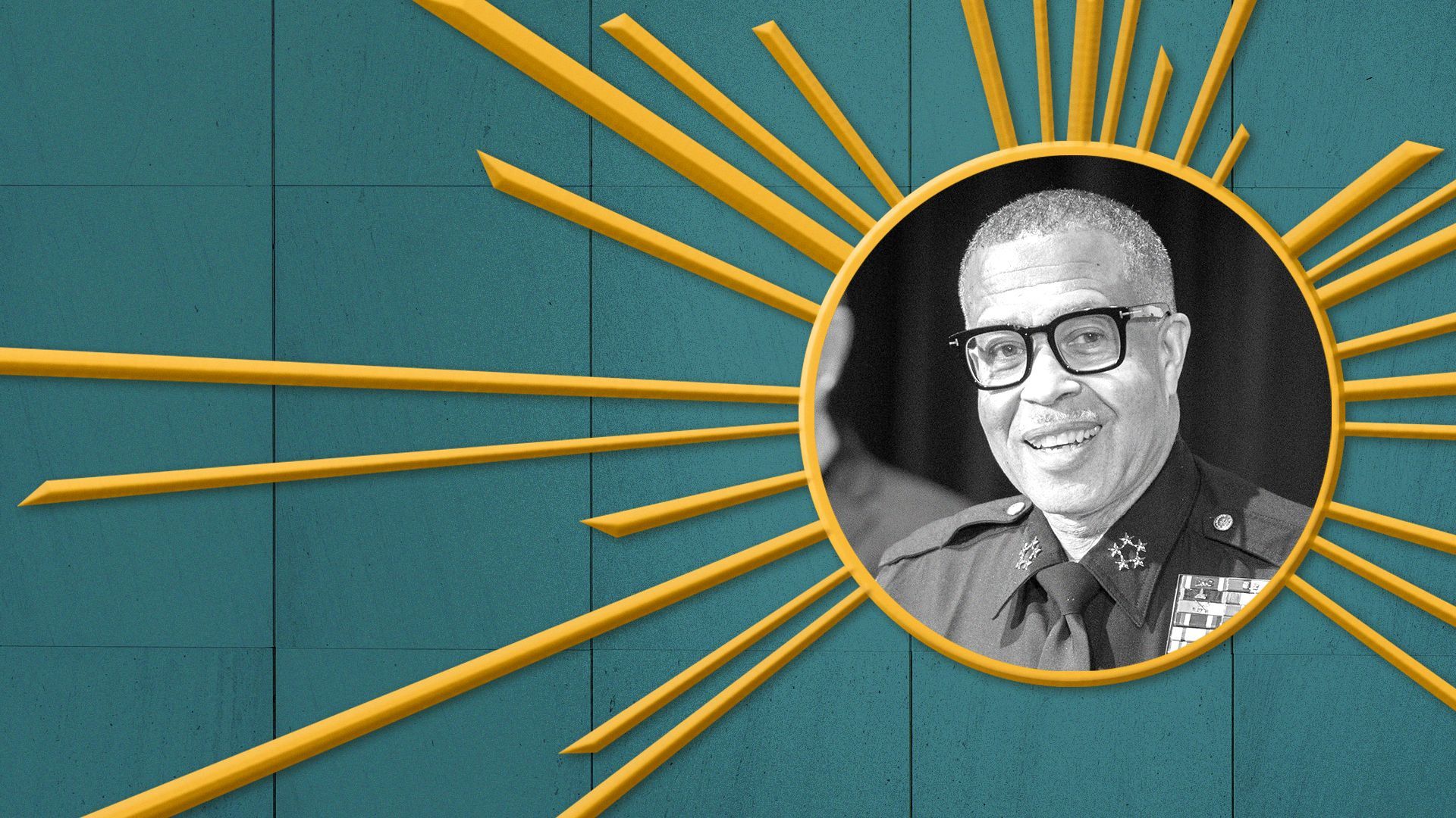 Photo illustration of James Craig in the center of a gold frame with rays emanating, resembling the sphere from The Spirit of Detroit statue.