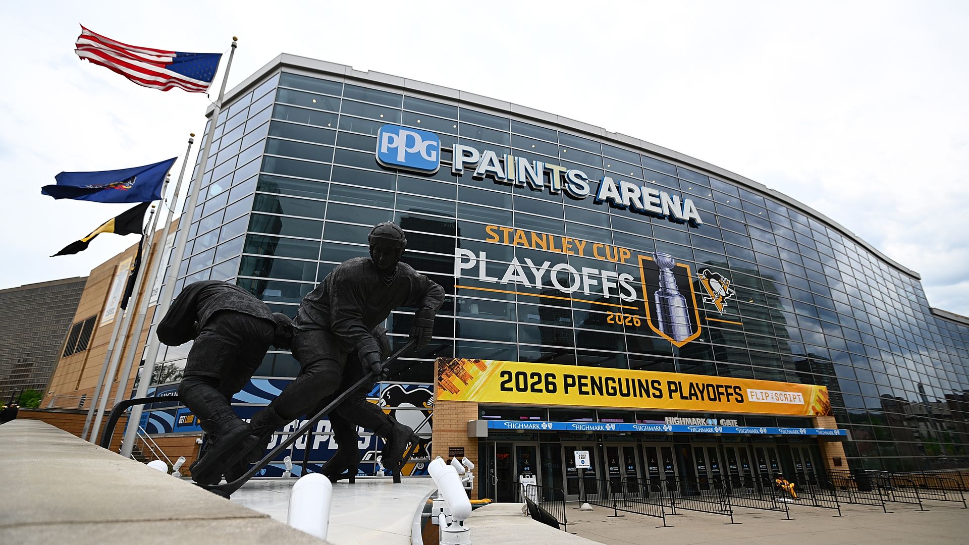 An exterior view of PPG Paints Arena before of Game One of the First Round of the 2026 Stanley Cup Playoffs between the Philadelphia Flyers and the Pittsburgh Penguins at PPG PAINTS Arena on April 18, 2026 in Pittsburgh, Pennsylvania. (Photo by Justin Berl/Getty Images)