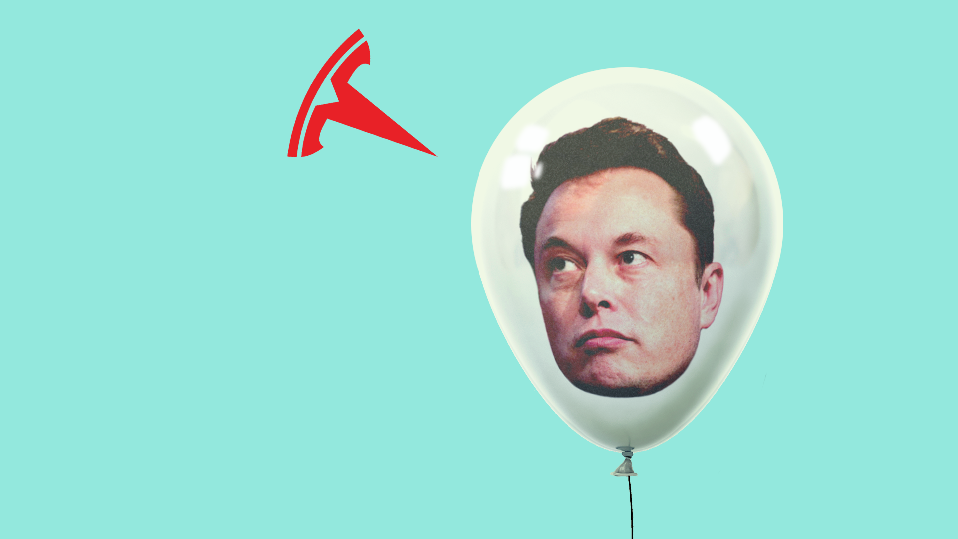 Elon Musk's head in a balloon that risks being popped by a nearby Tesla logo