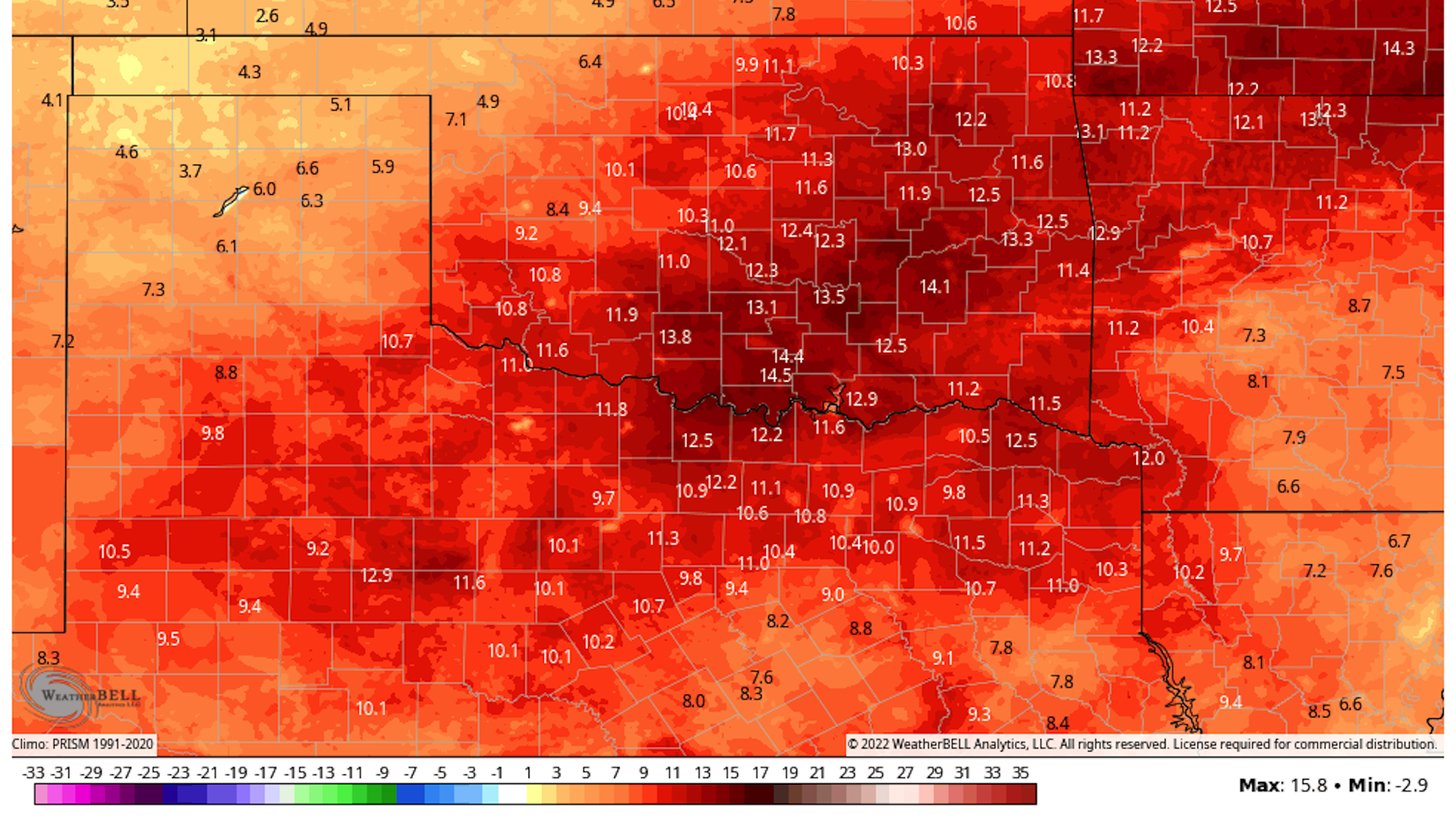 Map showing temperature departures from average in Oklahoma and Texas.
