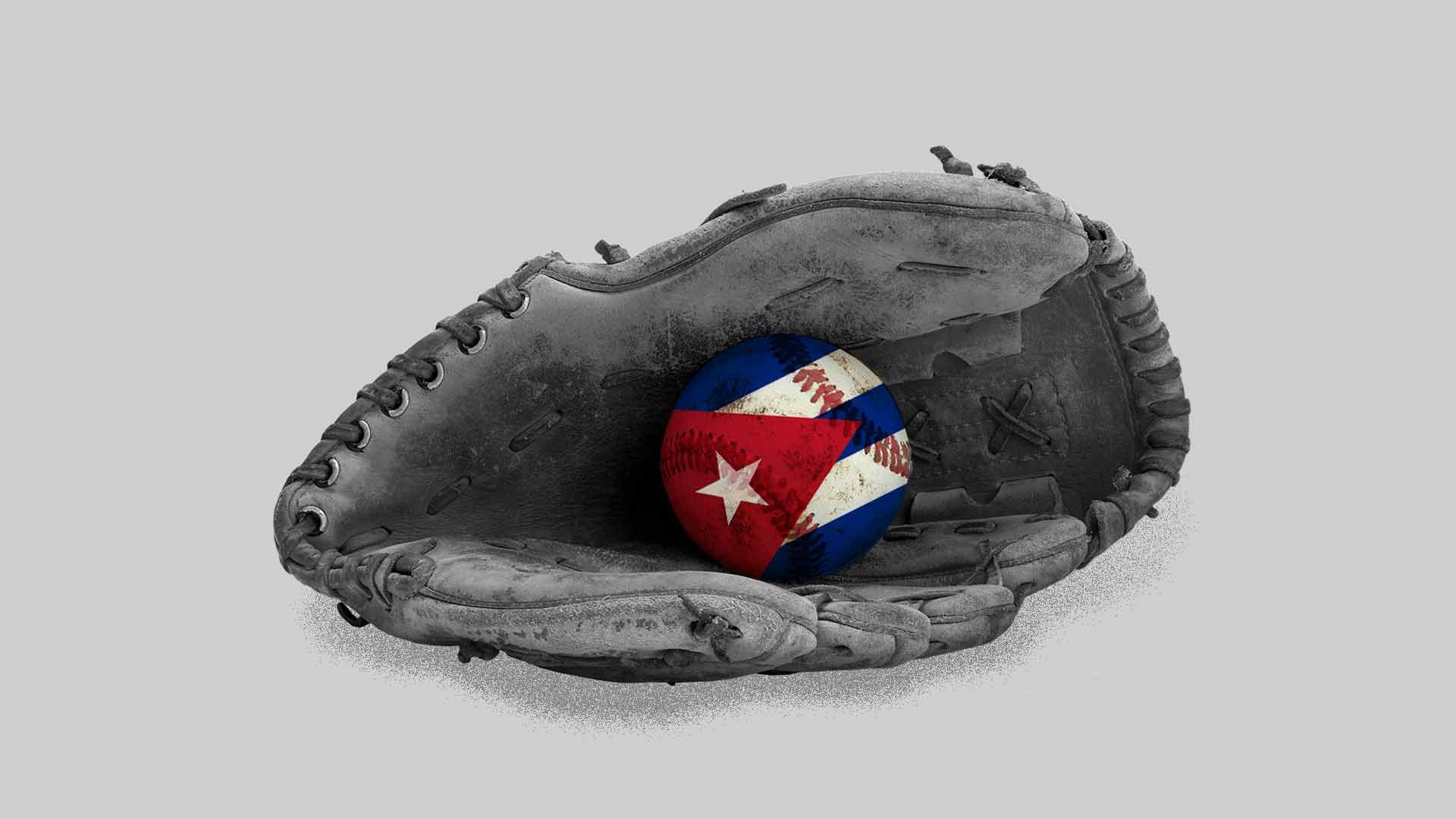 Illustration of a baseball glove on the ground with a Cuban-flag baseball