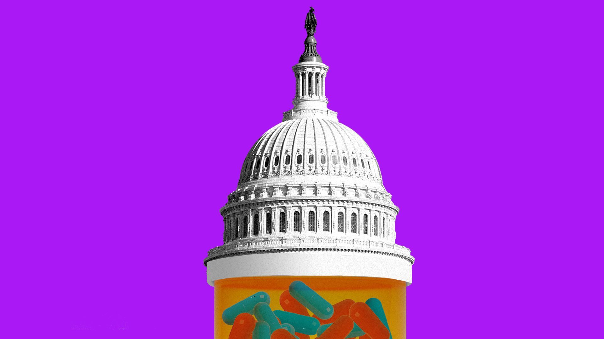 In image of the Capitol Dome atop a prescription drug bottle is seen in an illustration.