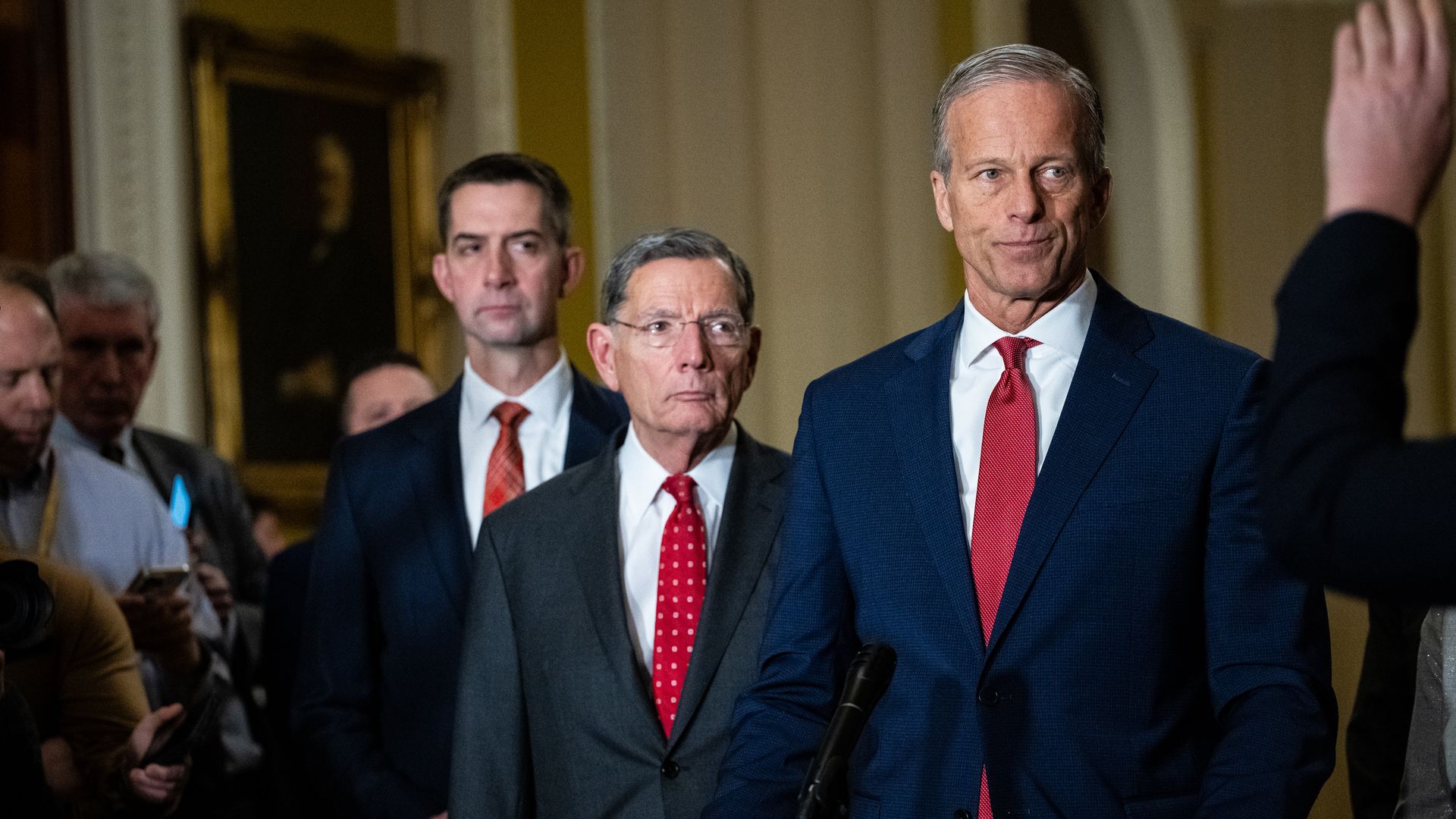 Sens. Tom Cotton (R-Ark.), John Barrasso, (R-Wyo.) and Majority Leader John Thune (R-S.D.) during a news conference at the US Capitol