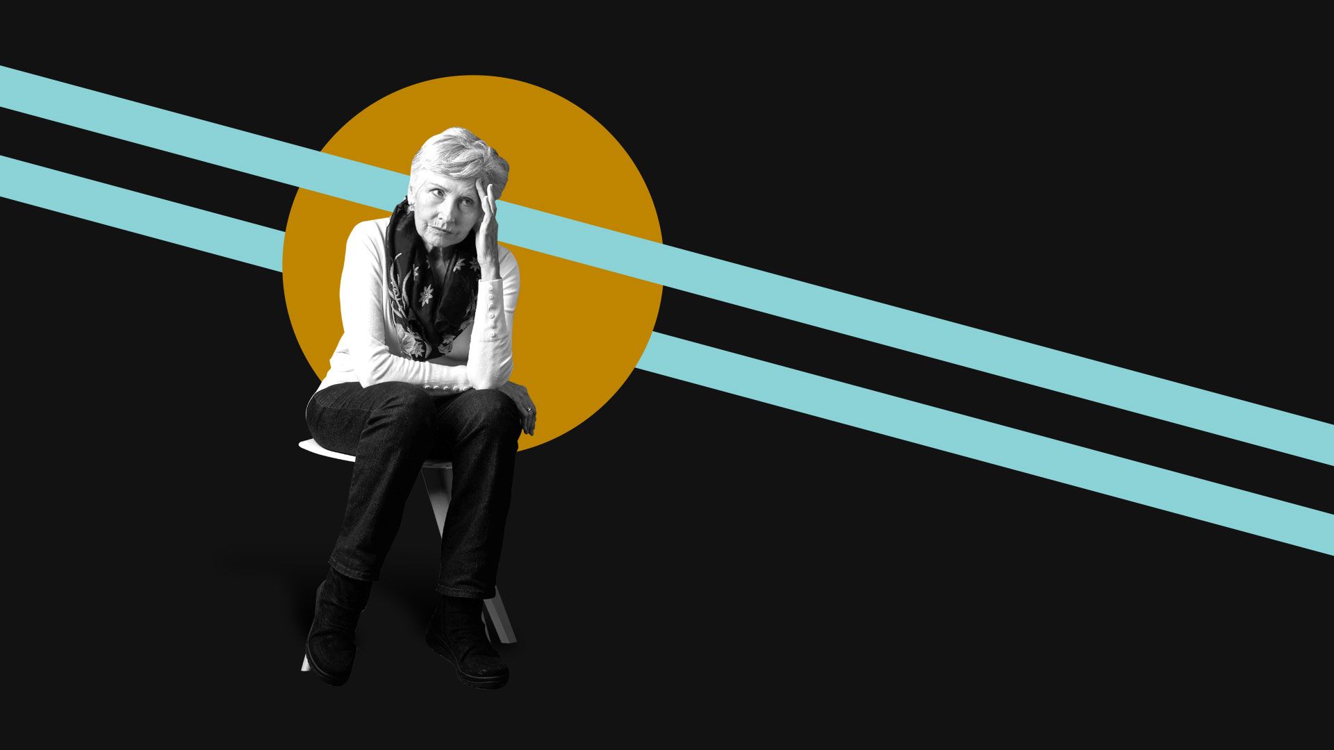 Illustration of seated concerned older woman.