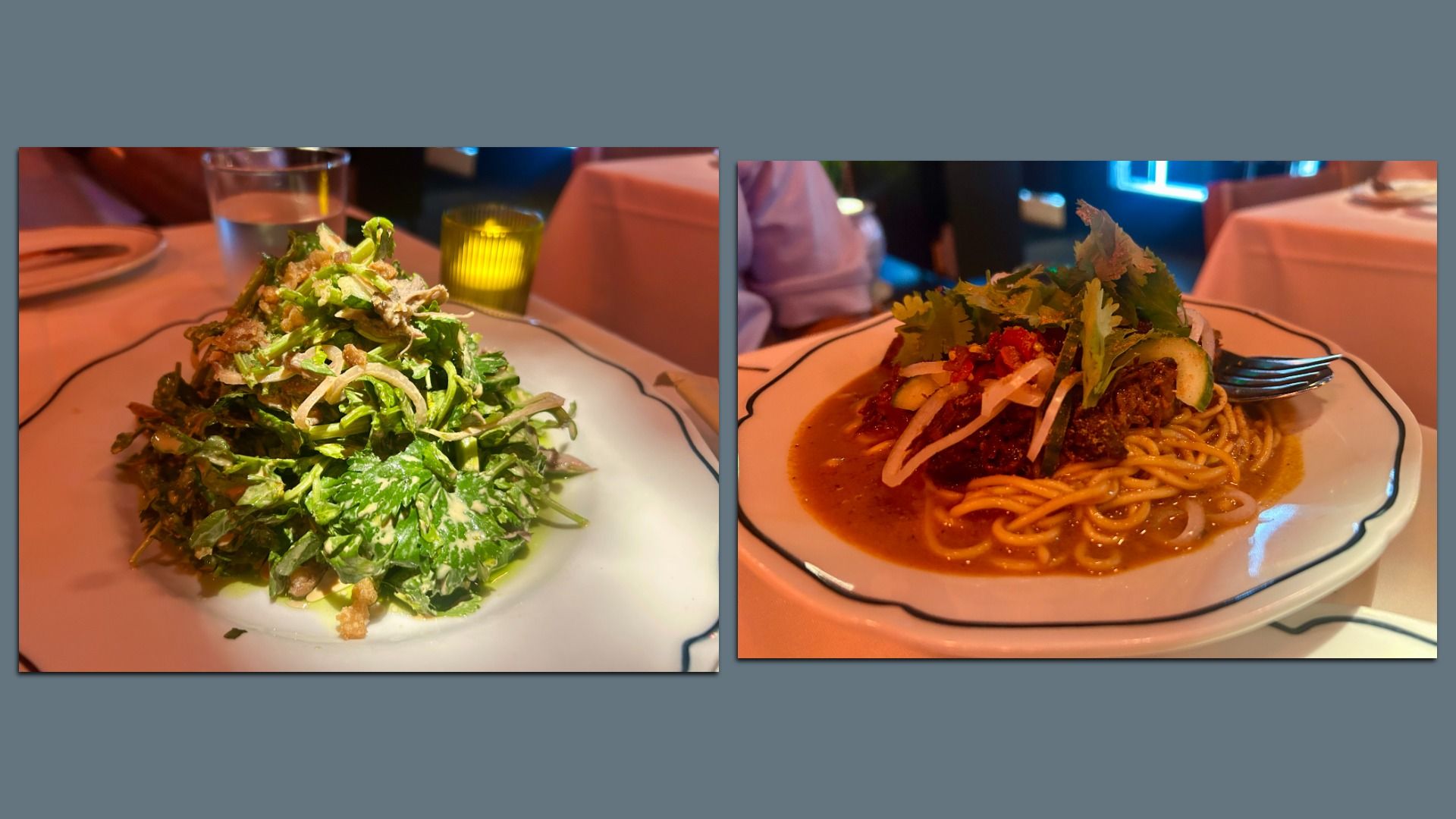 An image of a salad on the left and a noodle dish on the right.