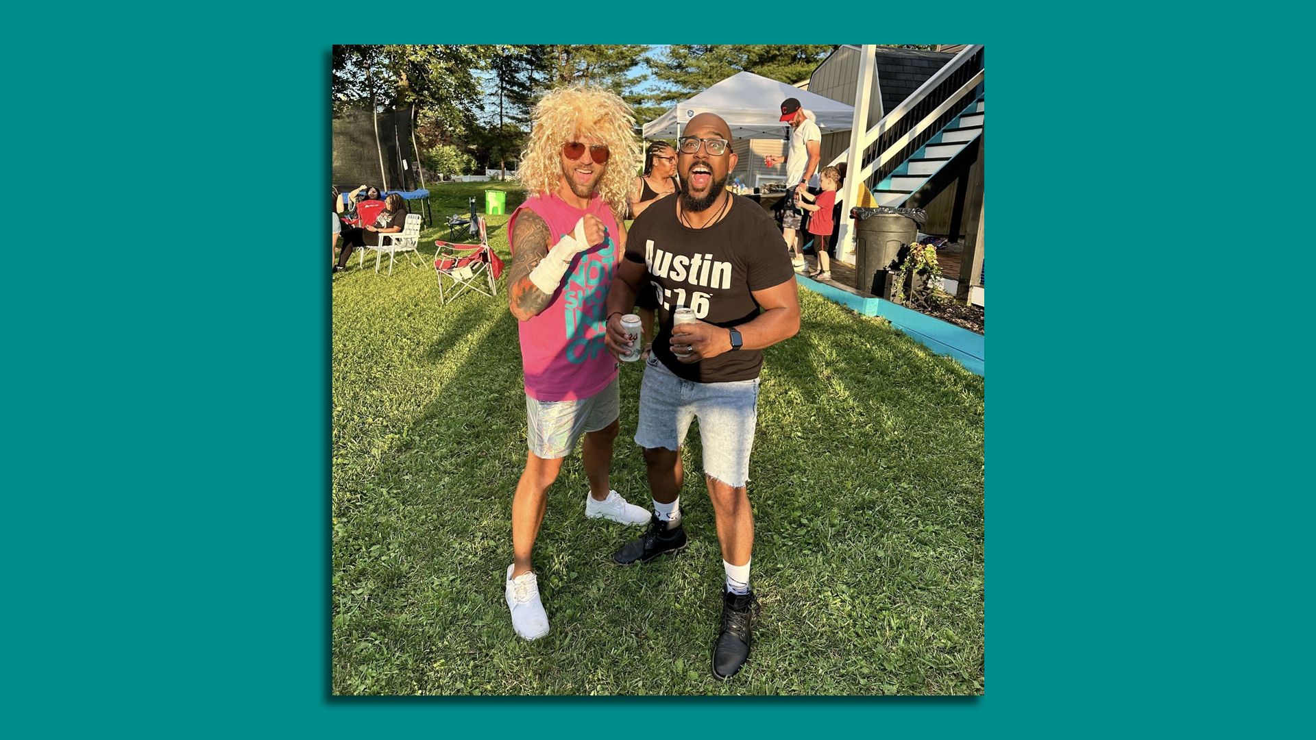 Axios reporter Justin Mack and his friend dressed as pro wrestlers 