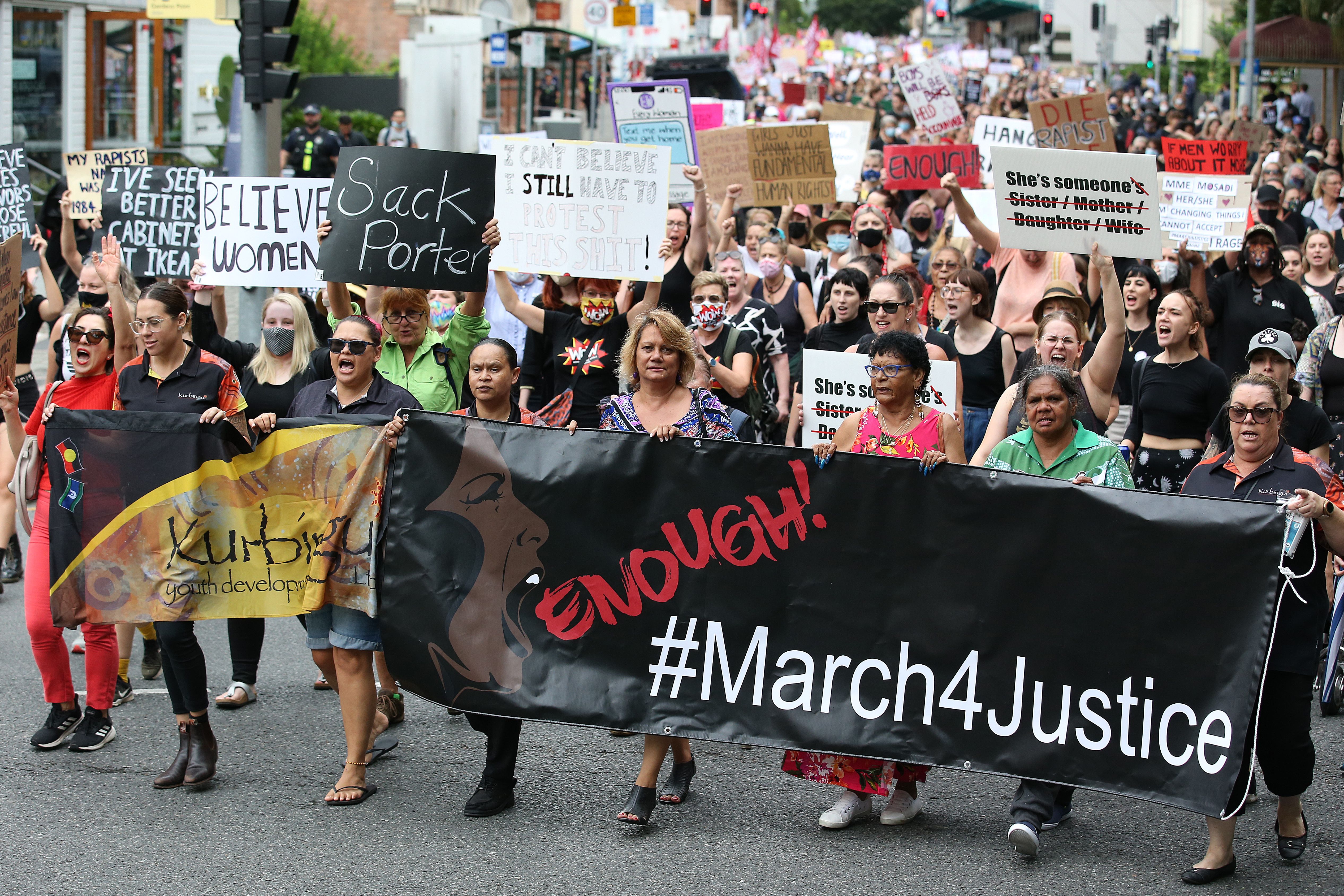 Protestors march on March 15, 2021 in Brisbane, Australia. 