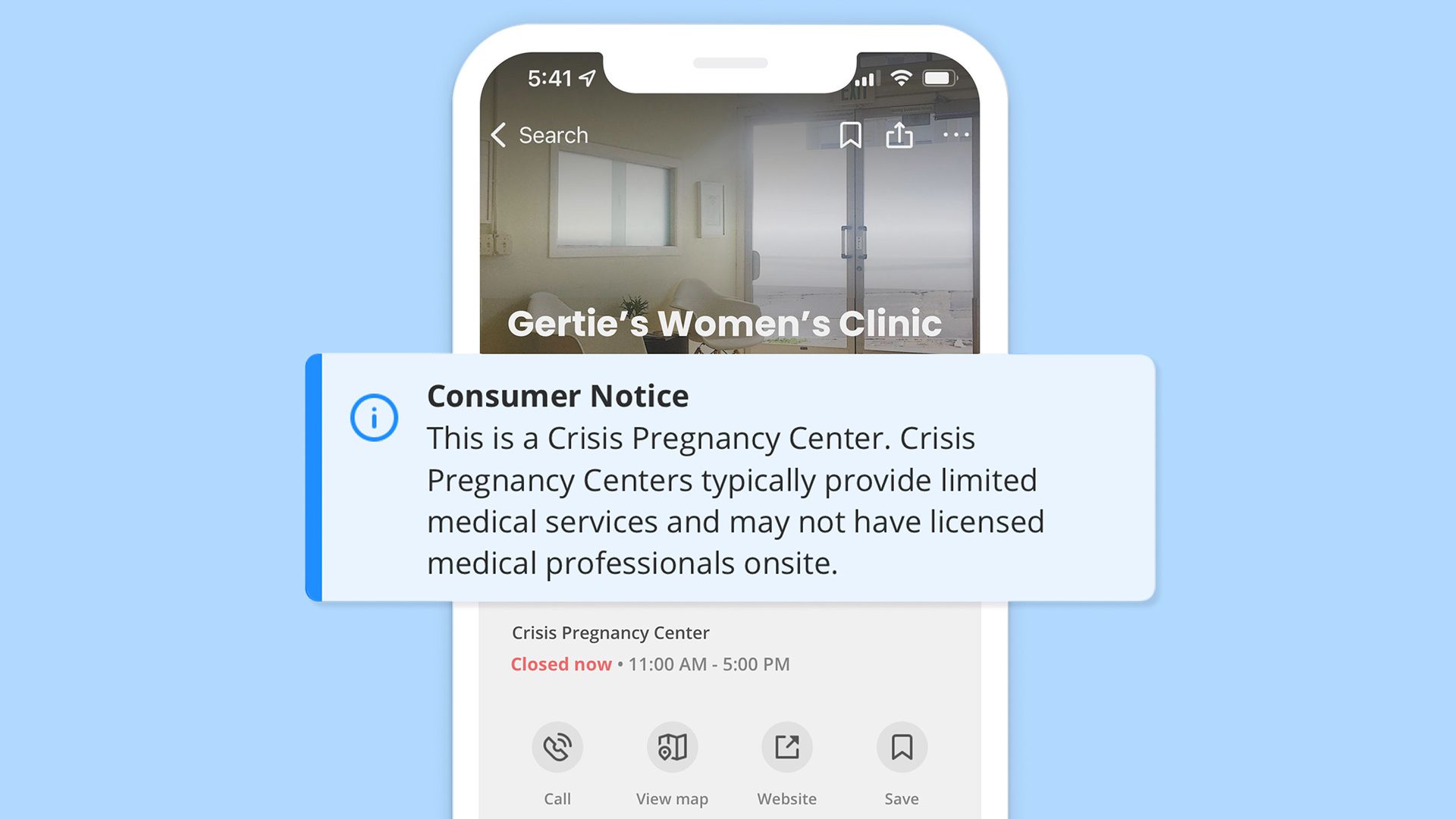 An image of new labeling by Yelp to more clearly distinguish crisis pregnancy centers from clinics that provide abortions.
