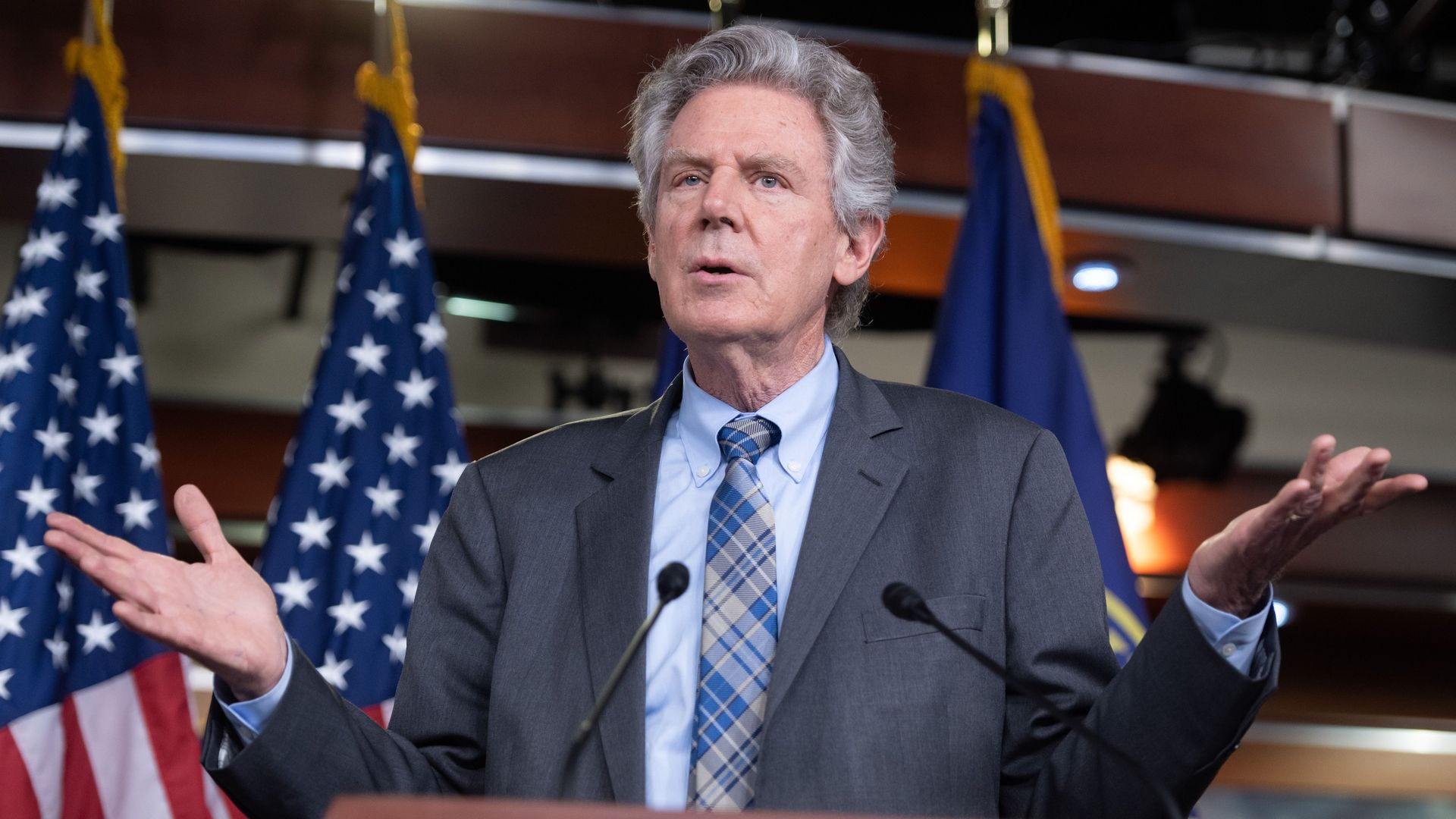 Rep. Frank Pallone (D-NJ) speaks at a podium with this hands upturned during a press conference