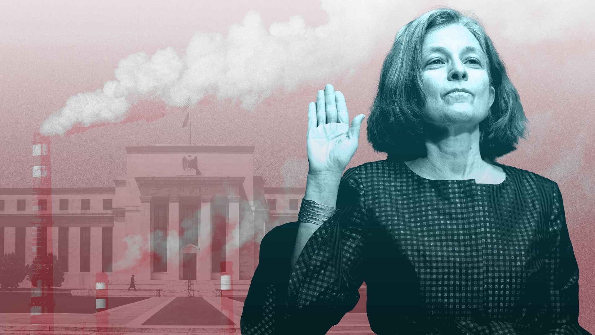 Photo illustration of Sarah Bloom Raskin.