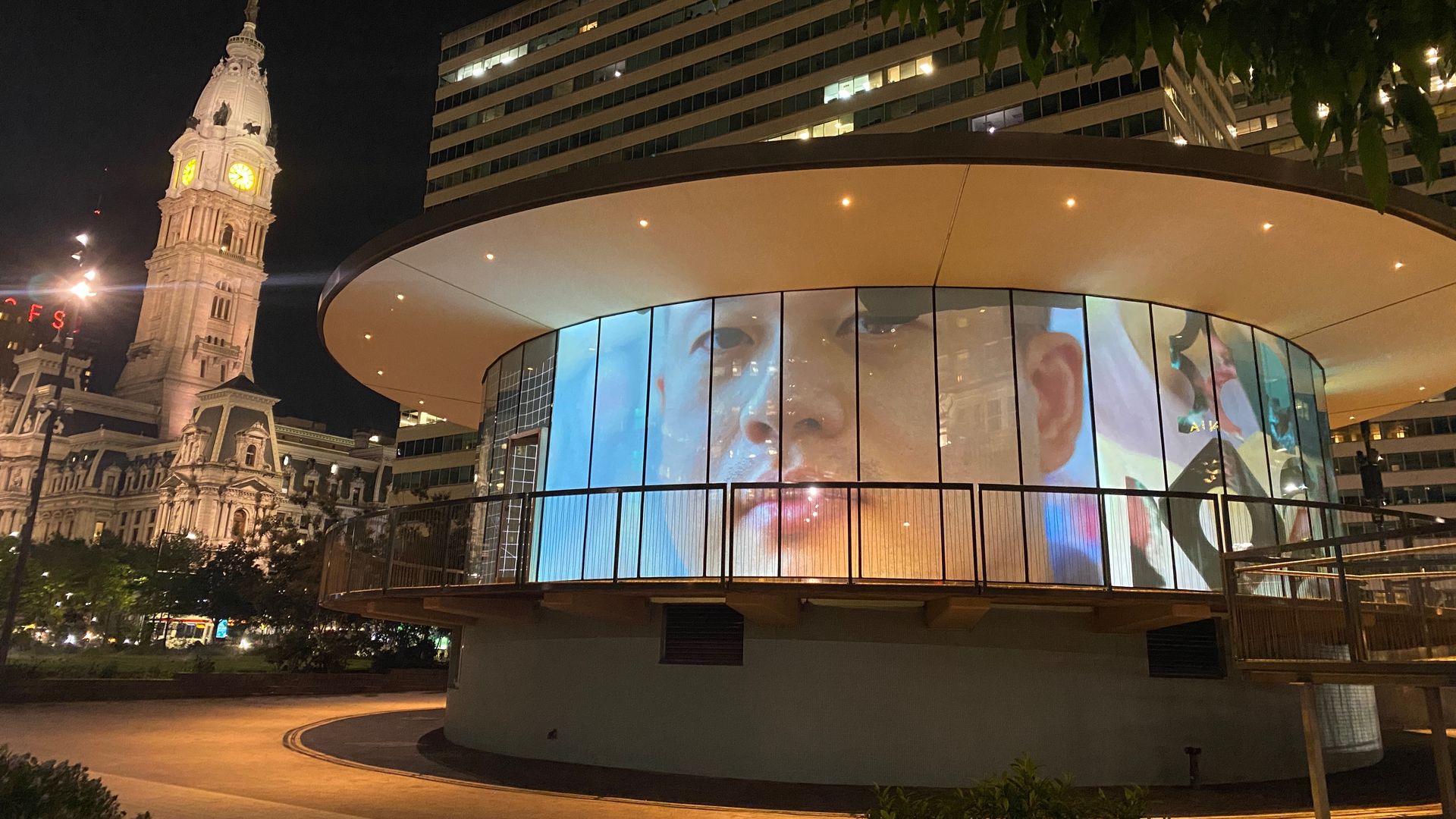 A 360-degree projection of a man — part of a new art exhibit, "The Philadelphians" — at LOVE Park's Visitors Center. 