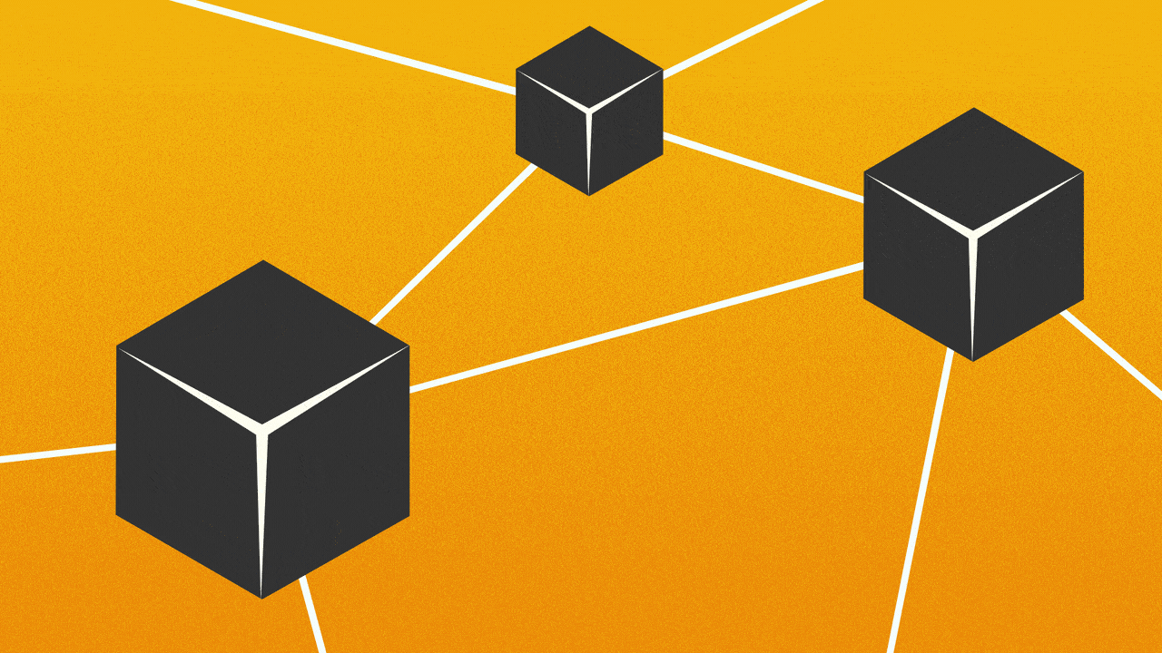 Illustration of a series of blocks that are connected to each other by lines moving around.