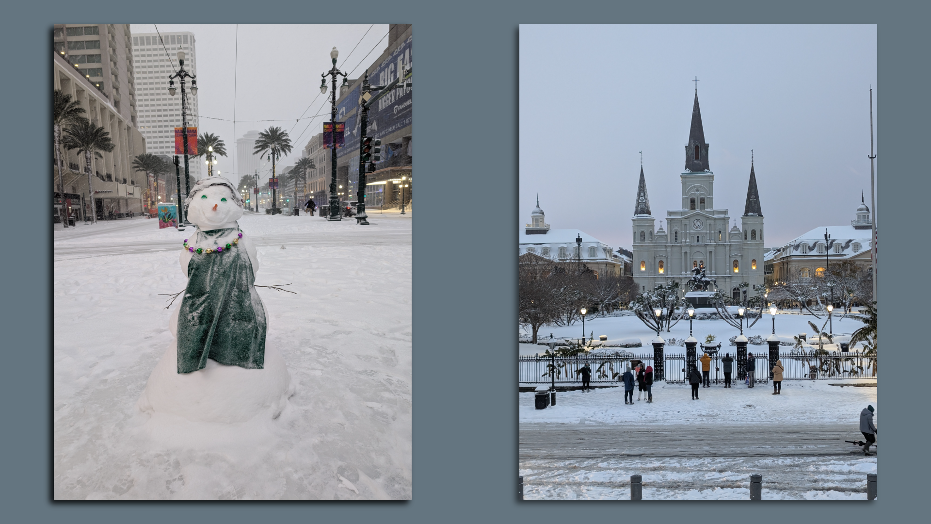 Two side-by-side photos. At left, a snowman, and at right, the St. Louis Cathedral in snow.