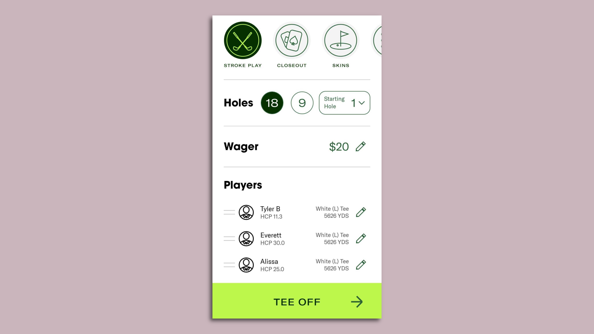 A screenshot of a Fairgame golf wagering app.