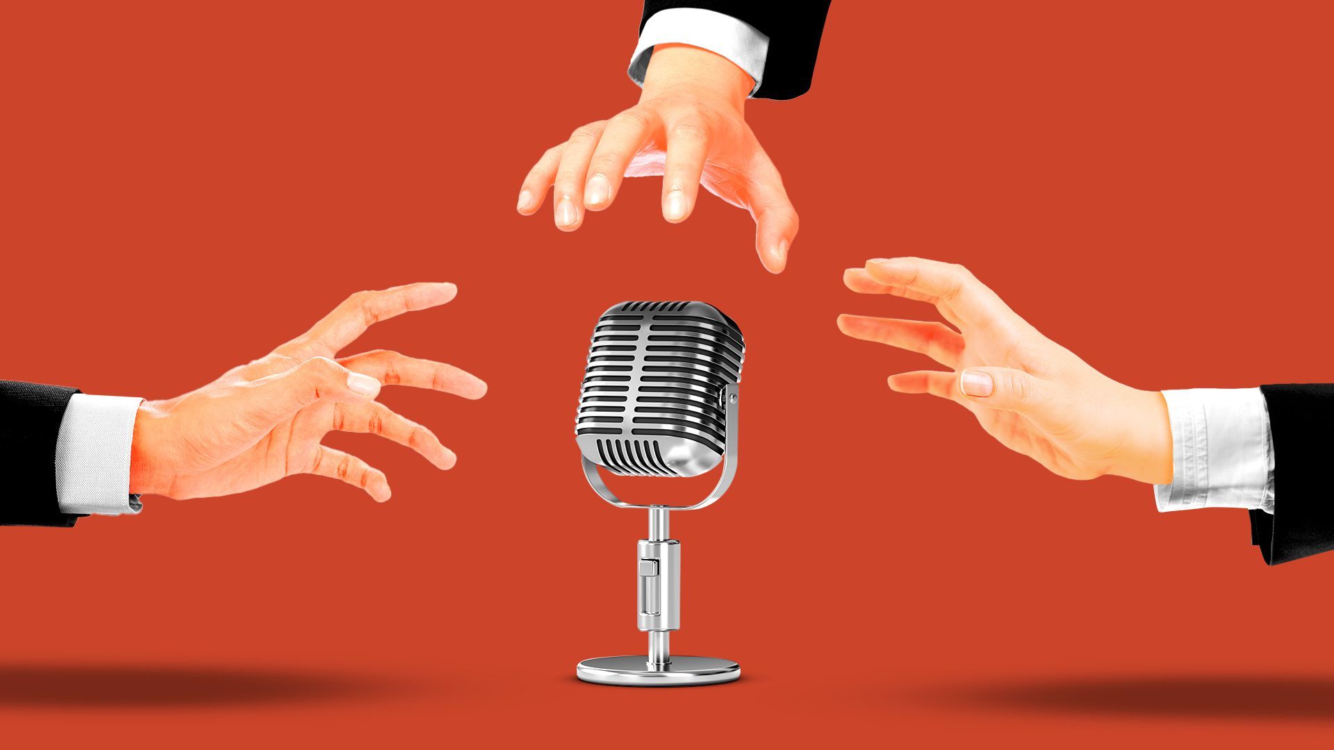 Illustration of hands reaching out for an old fashioned microphone. 