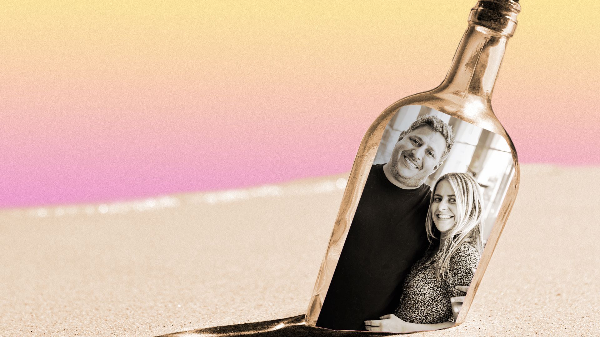 Photo illustration of Eric and Sophie Nathal inside a bottle on a beach.