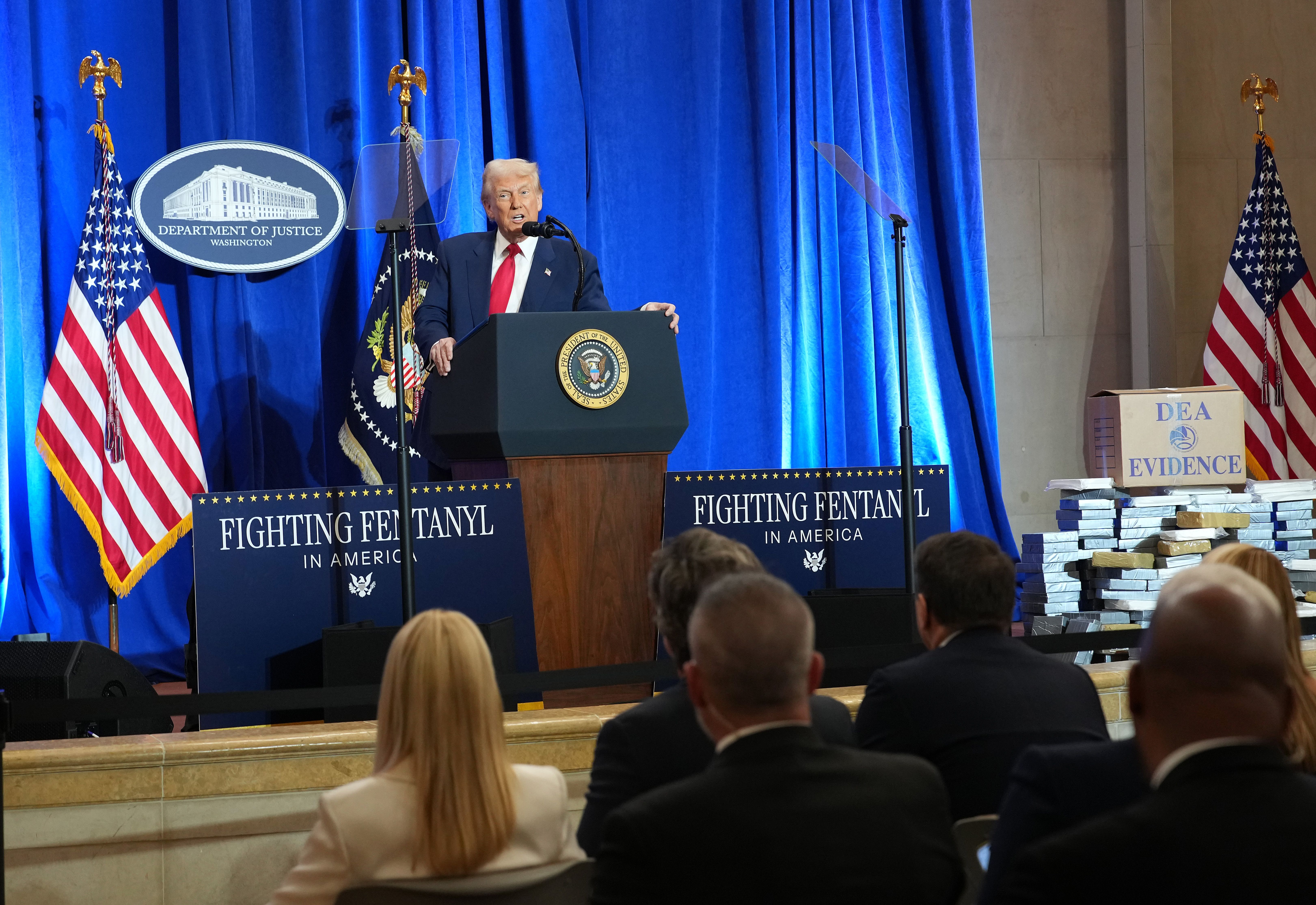 WASHINGTON, DC - MARCH 14: U.S. President Donald Trump speaks at the Justice Department March 14, 2025 in Washington, DC. As he has used the department to punish enemies, Trump is expected to deliver what the White House calls a law-and-order speech and outline steps he will take to counter "weaponi
