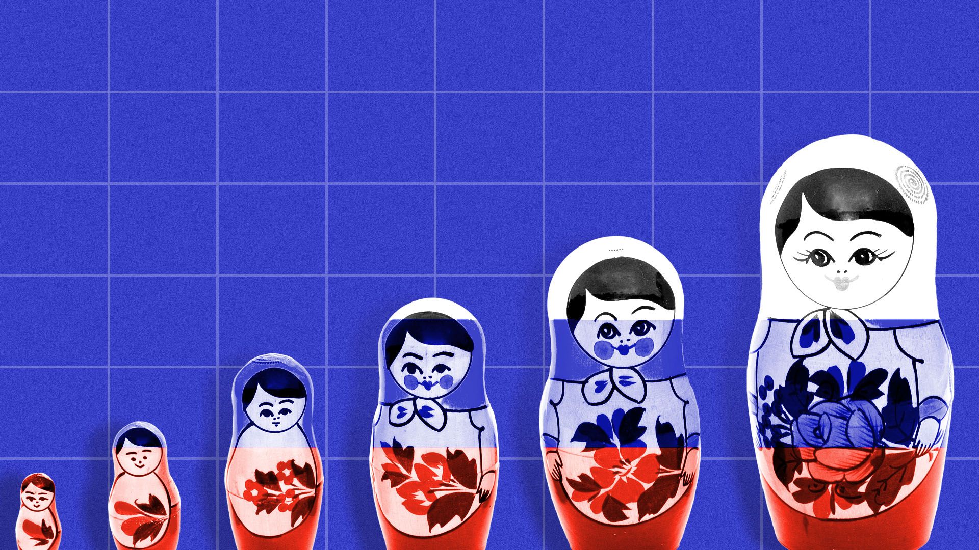 Illustration of Russia nesting dolls getting progressively bigger against a chart background.