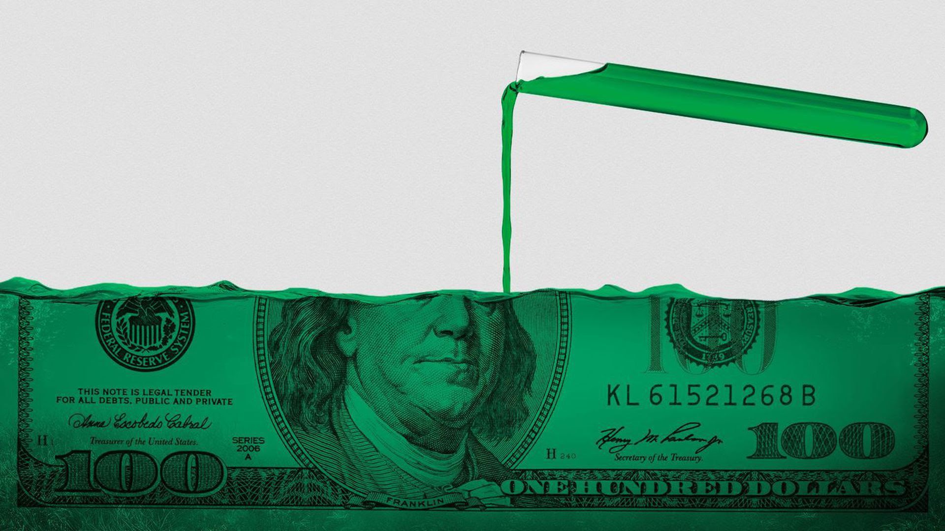 An illustration of a vial pouring liquid that becomes money as it is poured.