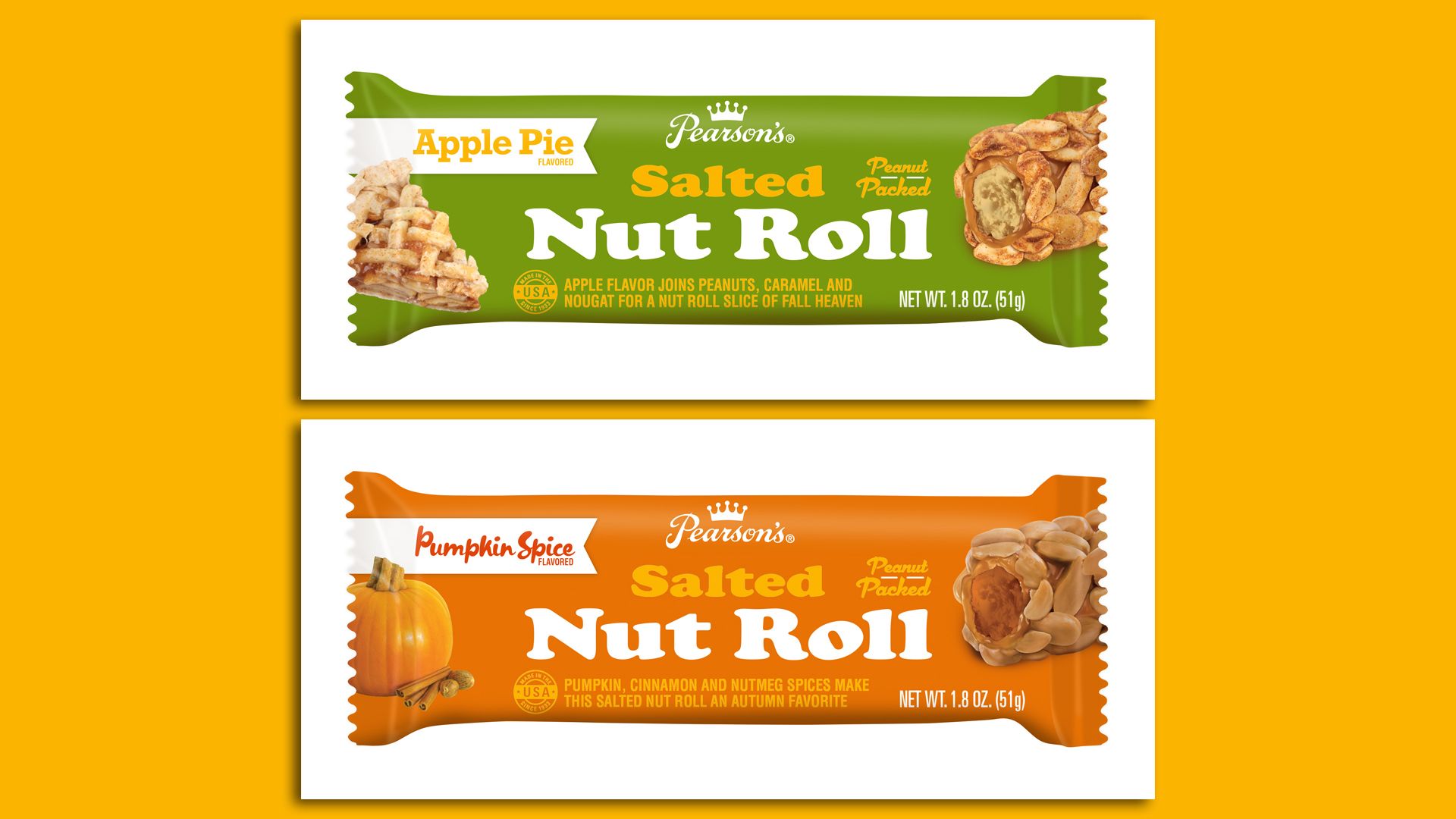 A green nut roll wrapped with apple flavor above an orange one with pumpkin flavor 