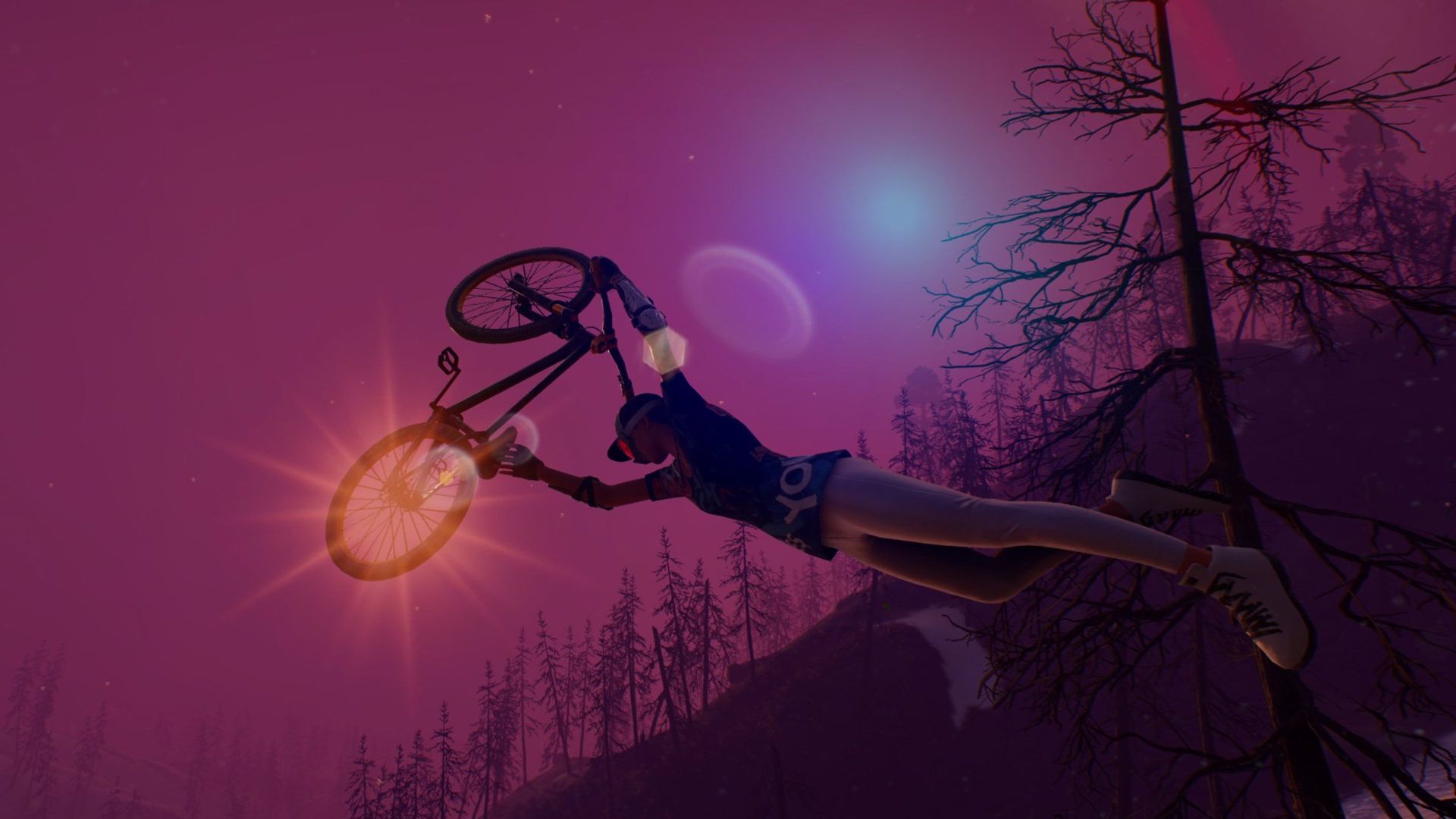 Video game screenshot of a dirt-bike and its rider in mid-air in front of a purple sky