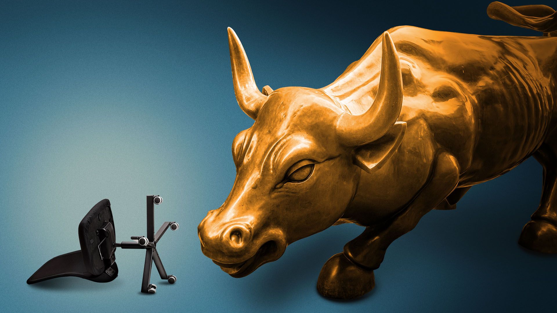 Illustration of a an oversized Wall Street bull statue looking at a small overturned office chair