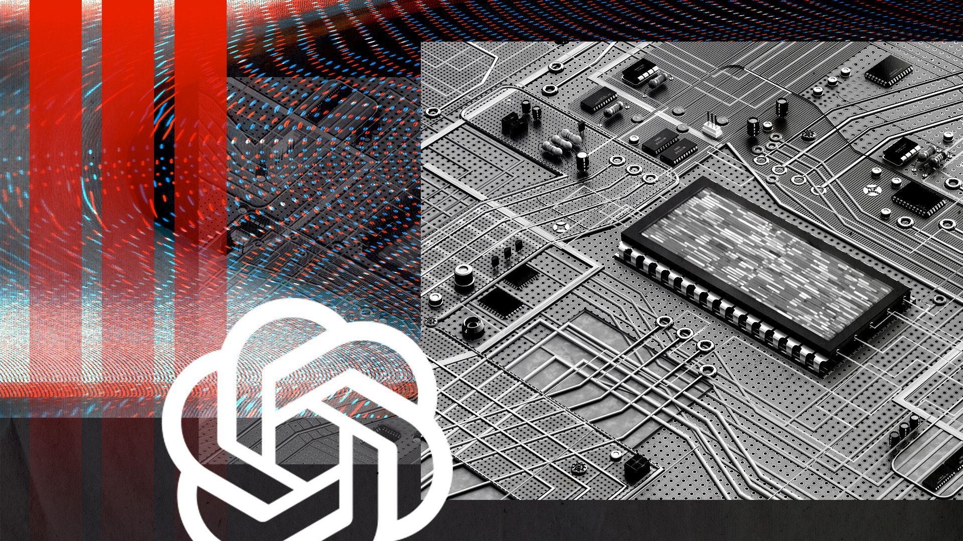 Illustration of circuit boards surrounded by glitchy shapes and the OpenAI logo.
