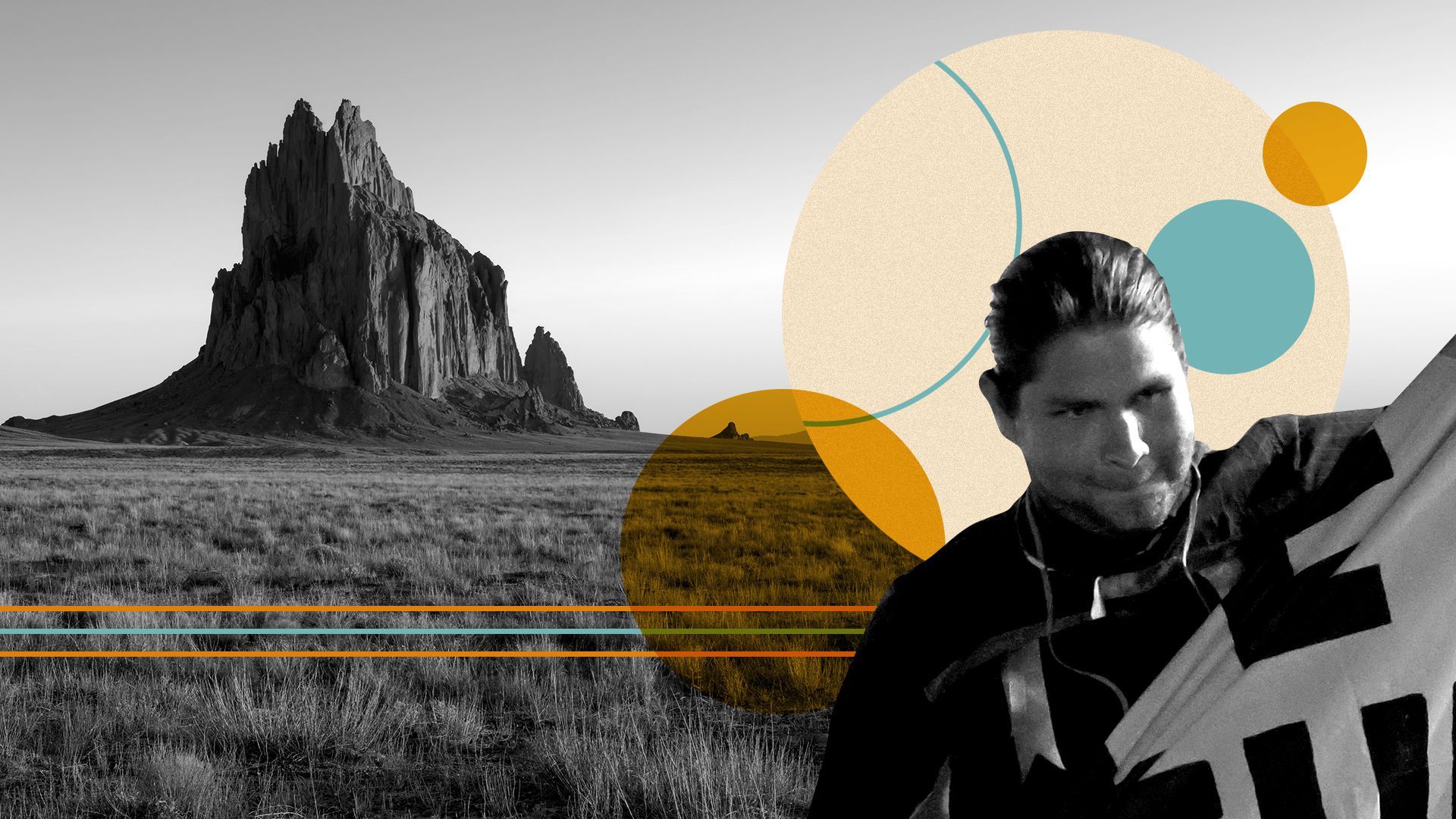 Photo illustration of Big Wind Carpenter overlaid on a background of Shiprock, New Mexico and abstract shapes.