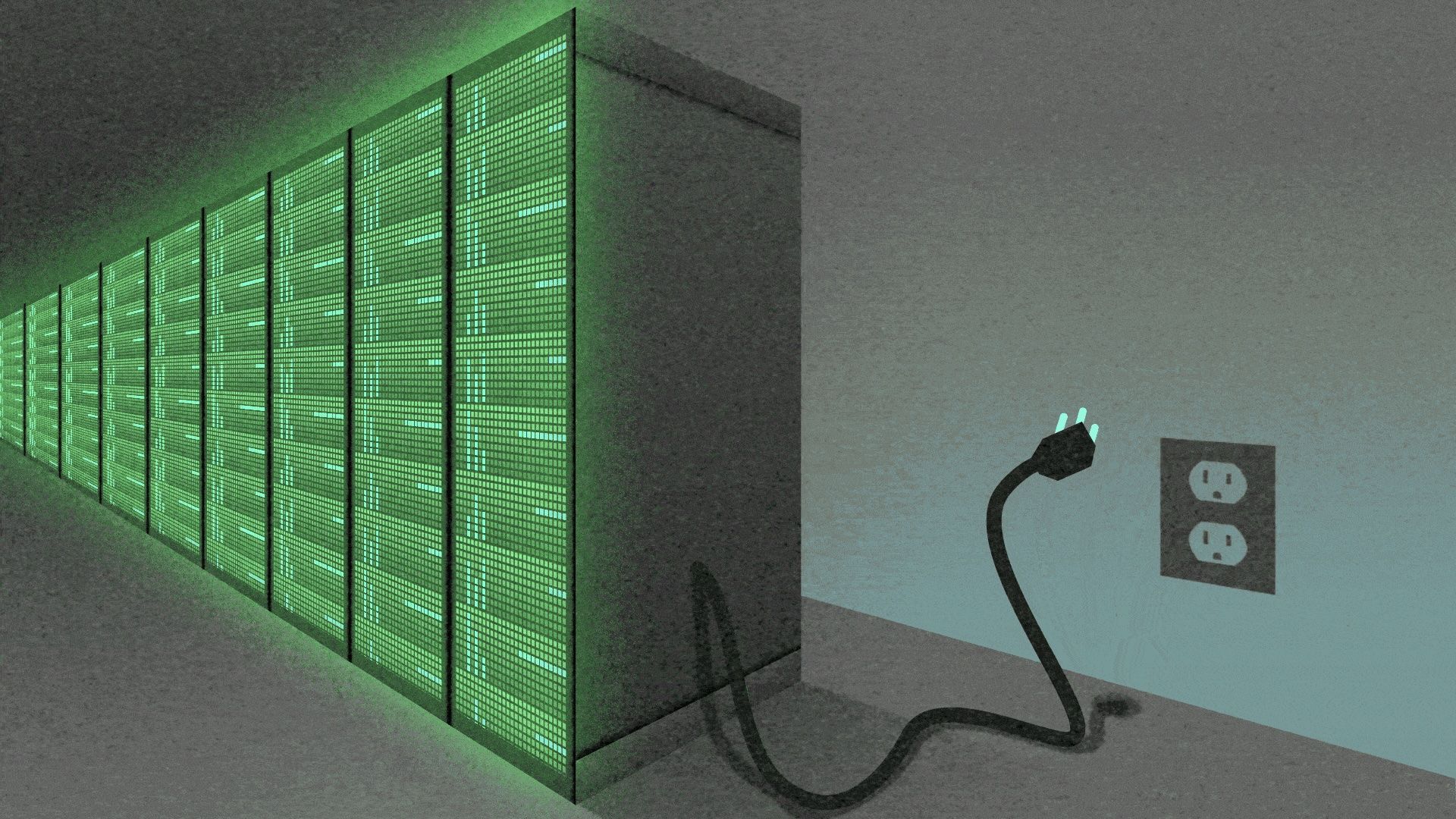 A row of glowing green server racks extends along a dark data-center wall, with a thick black power cord looping toward a two-outlet wall socket on the right.